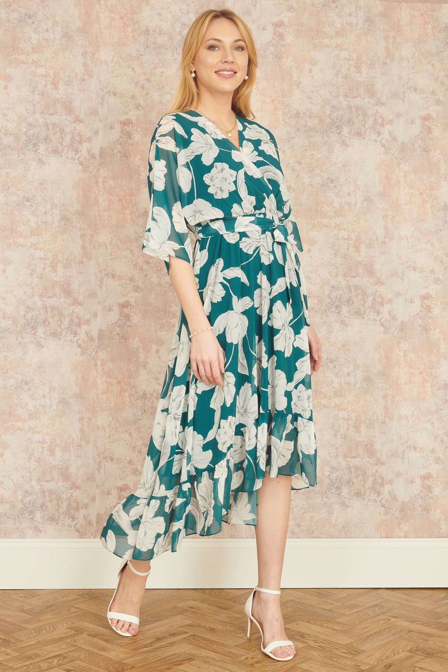 Green Kimono Sleeves Dip Hem Wrap Dress