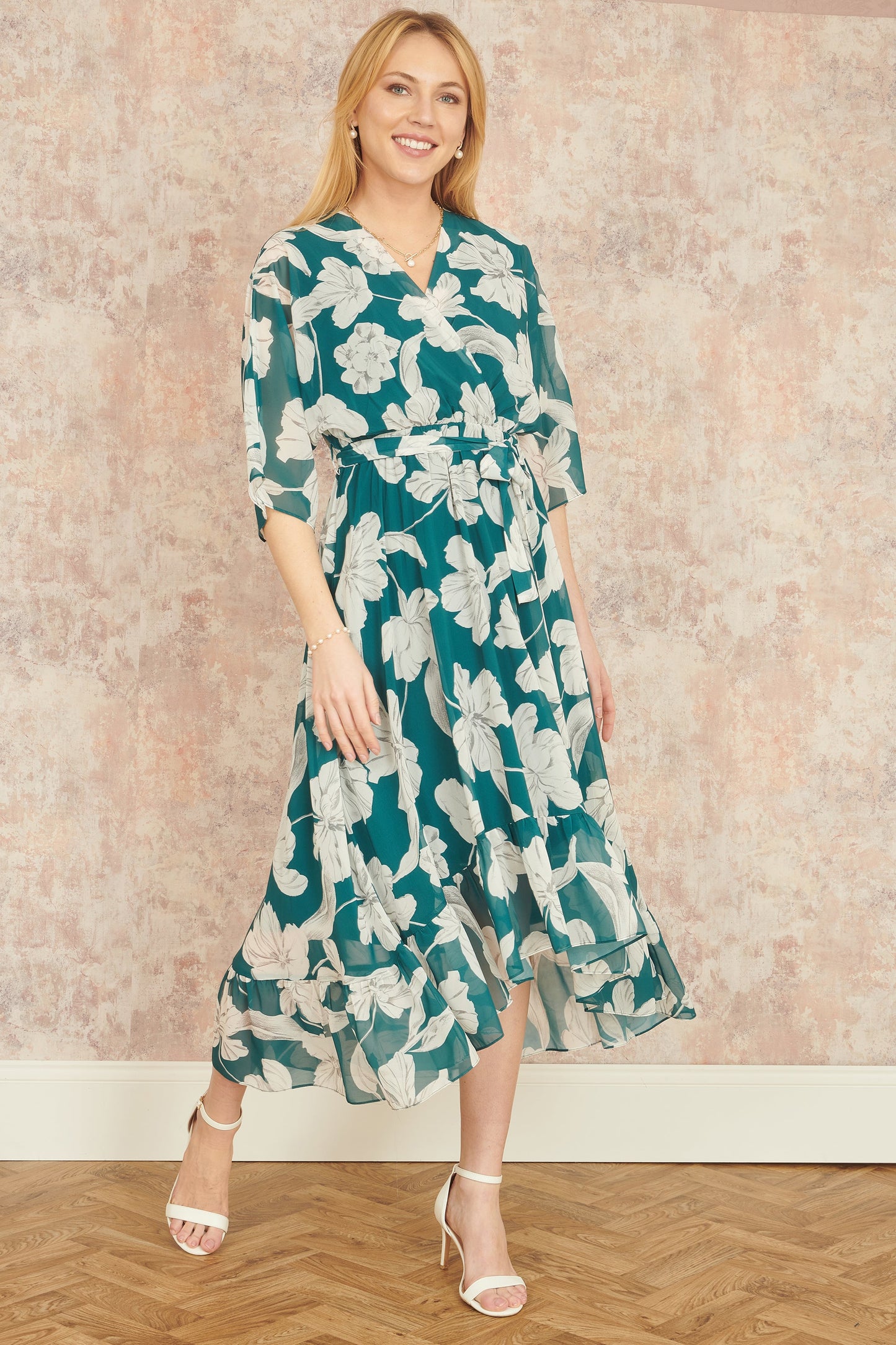Green Kimono Sleeves Dip Hem Wrap Dress