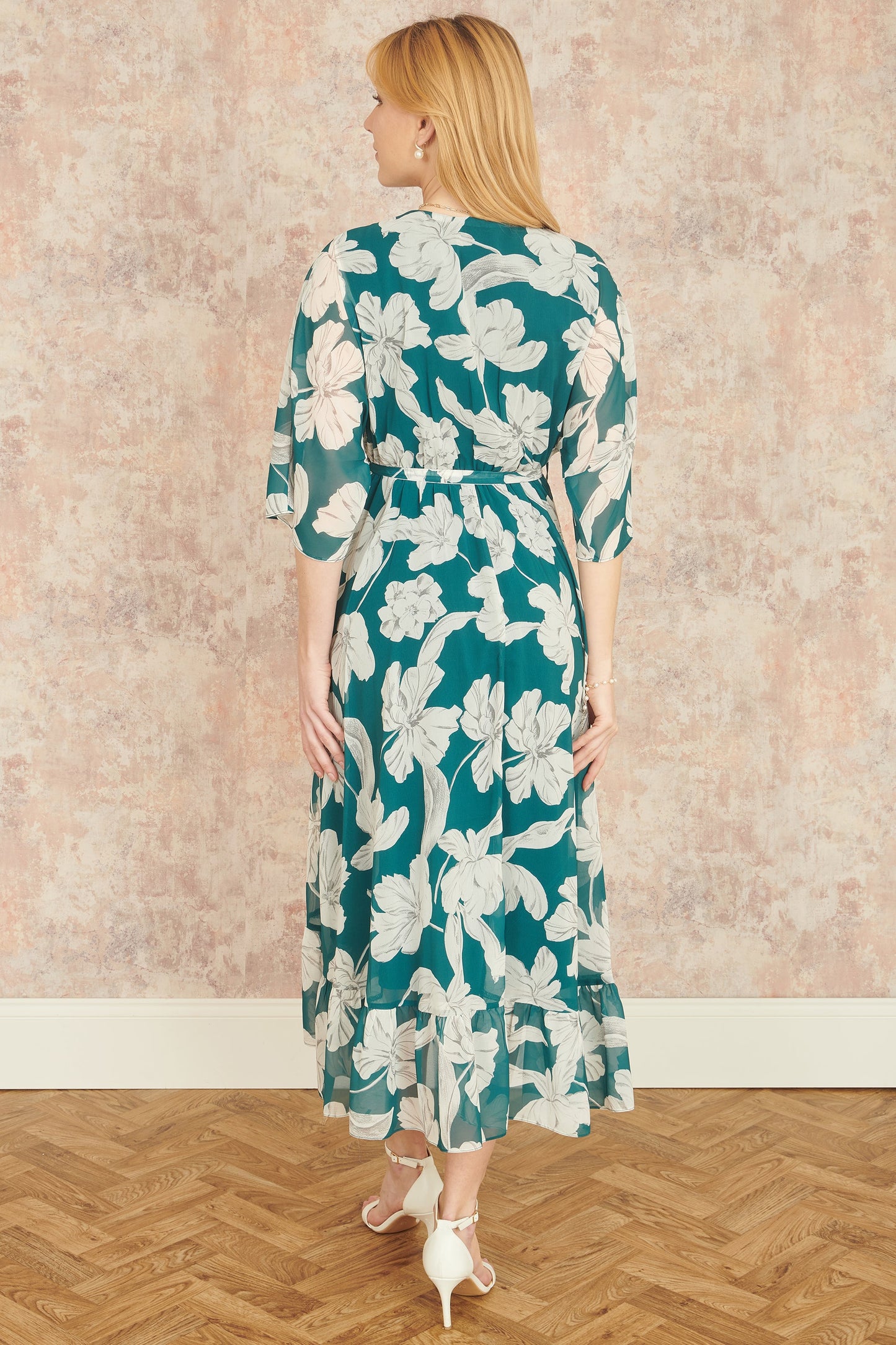 Green Kimono Sleeves Dip Hem Wrap Dress