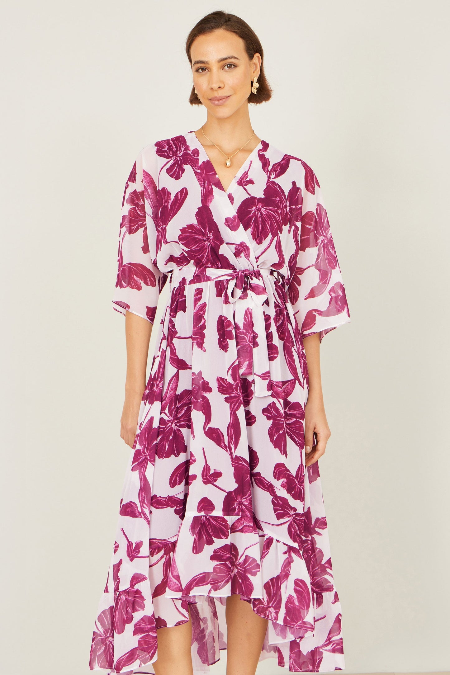 Pink Kimono Sleeves Midi Dip Hem Wrap Midi Dress