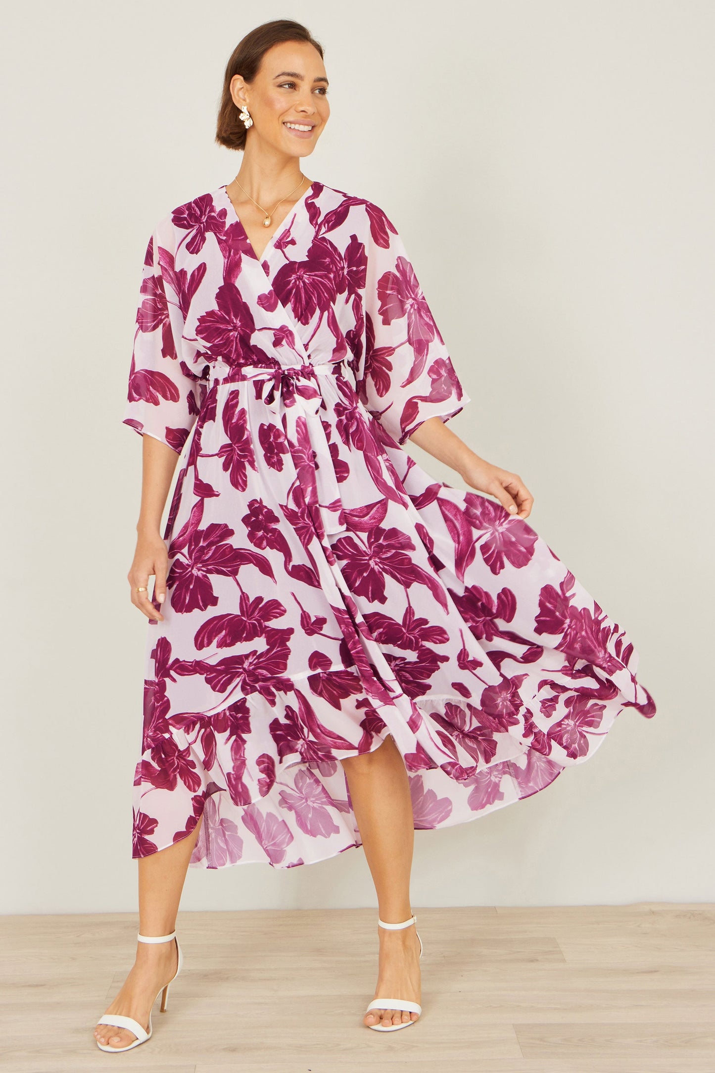 Pink Kimono Sleeves Midi Dip Hem Wrap Midi Dress