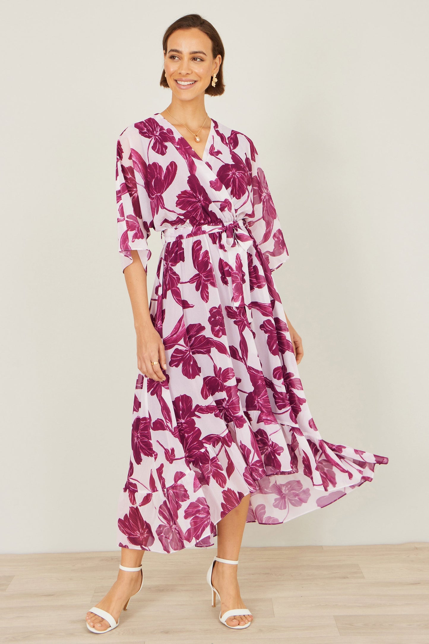 Pink Kimono Sleeves Midi Dip Hem Wrap Midi Dress