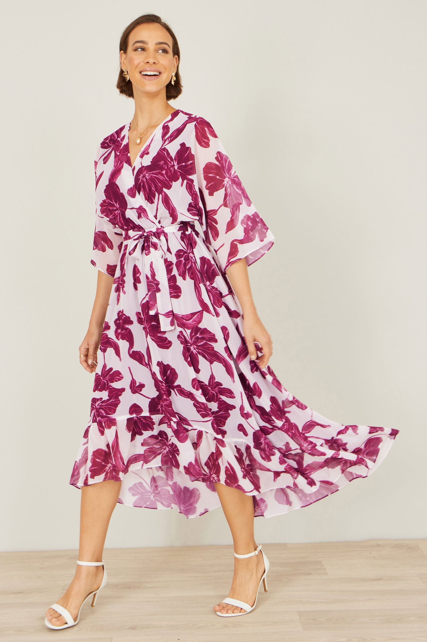 Pink Kimono Sleeves Midi Dip Hem Wrap Midi Dress