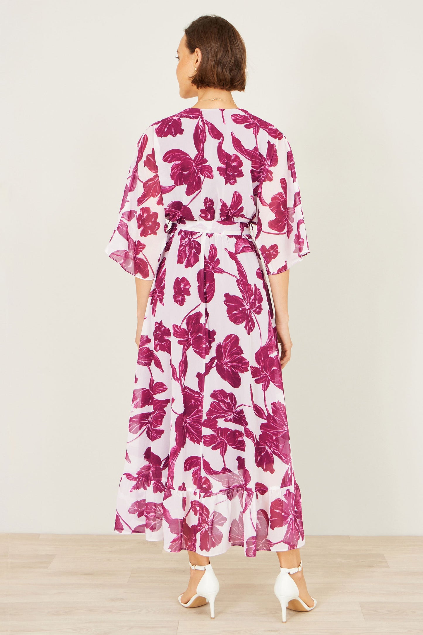 Pink Kimono Sleeves Midi Dip Hem Wrap Midi Dress