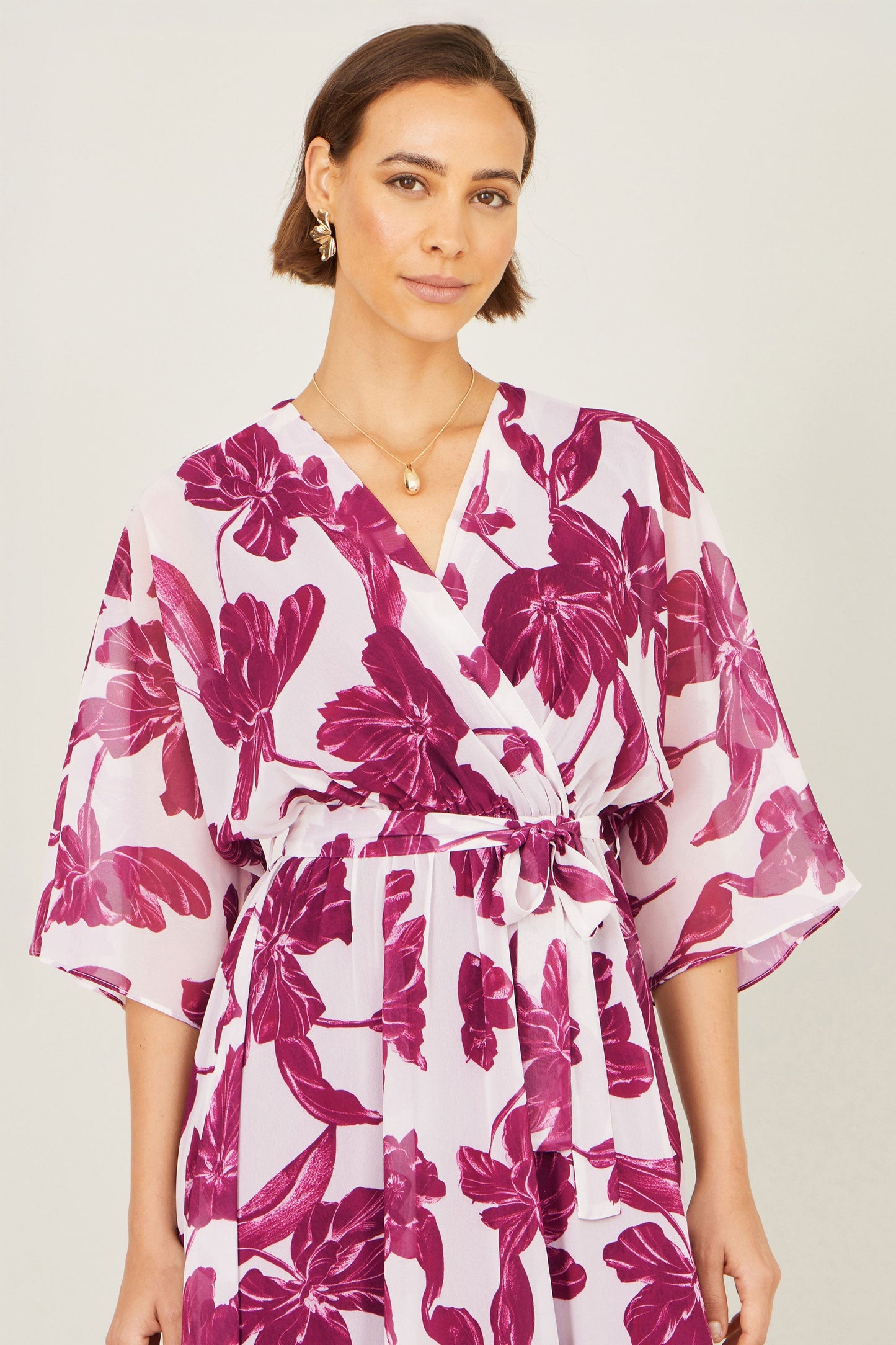 Pink Kimono Sleeves Midi Dip Hem Wrap Midi Dress