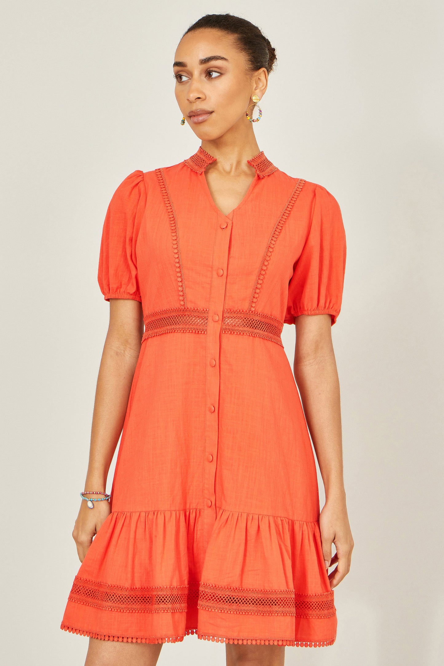 Orange Cotton Lace Trim Skater Shirt Dress