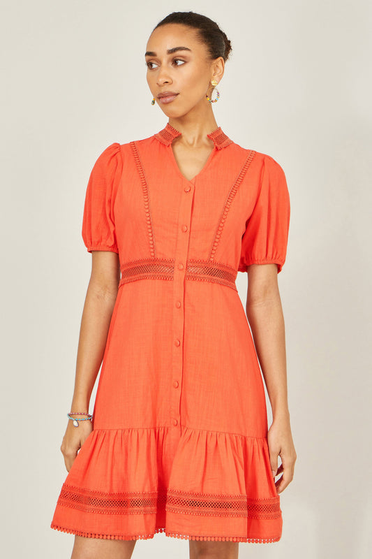 Orange Cotton Lace Trim Skater Shirt Dress