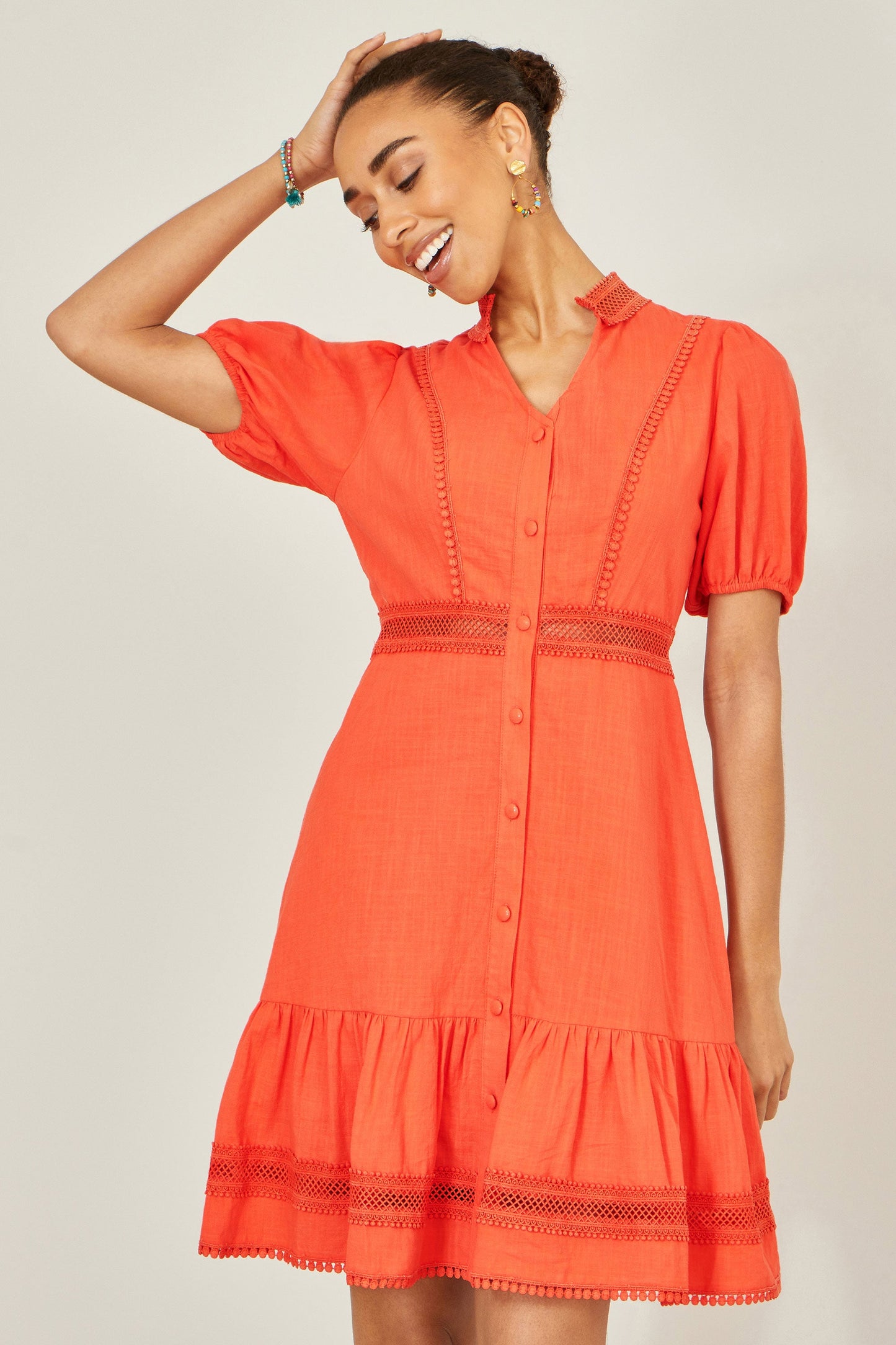 Orange Cotton Lace Trim Skater Shirt Dress