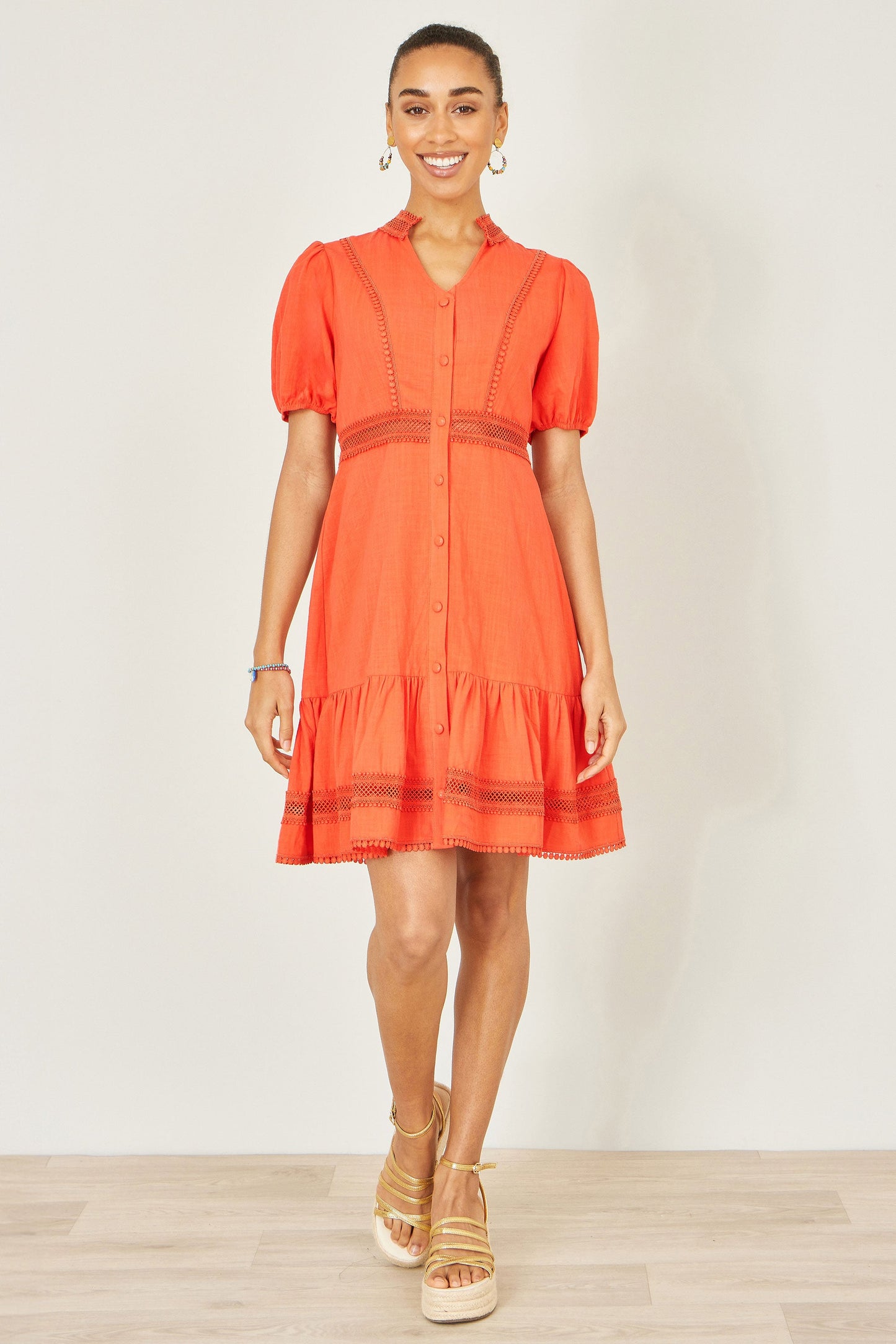 Orange Cotton Lace Trim Skater Shirt Dress