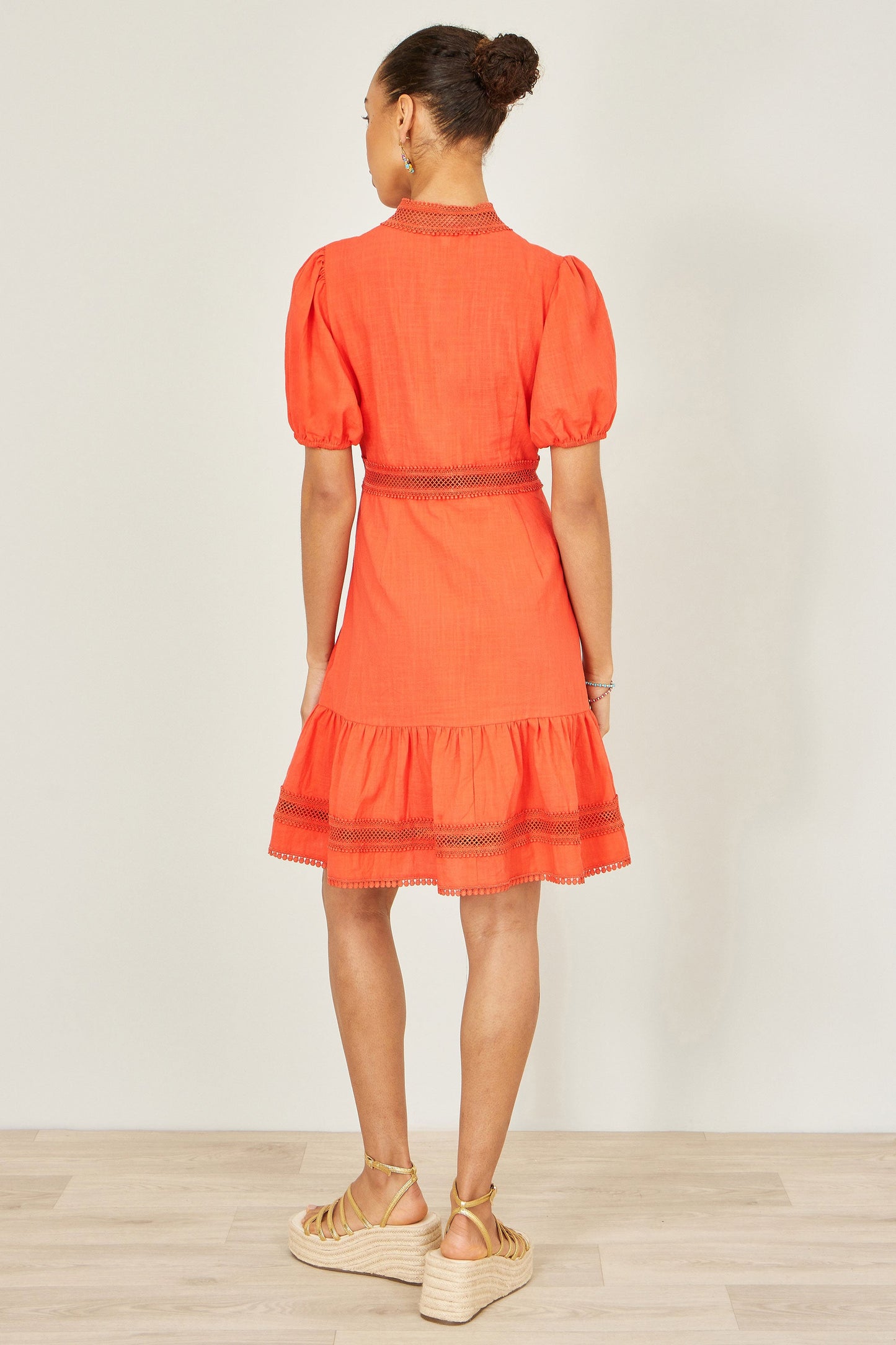 Orange Cotton Lace Trim Skater Shirt Dress
