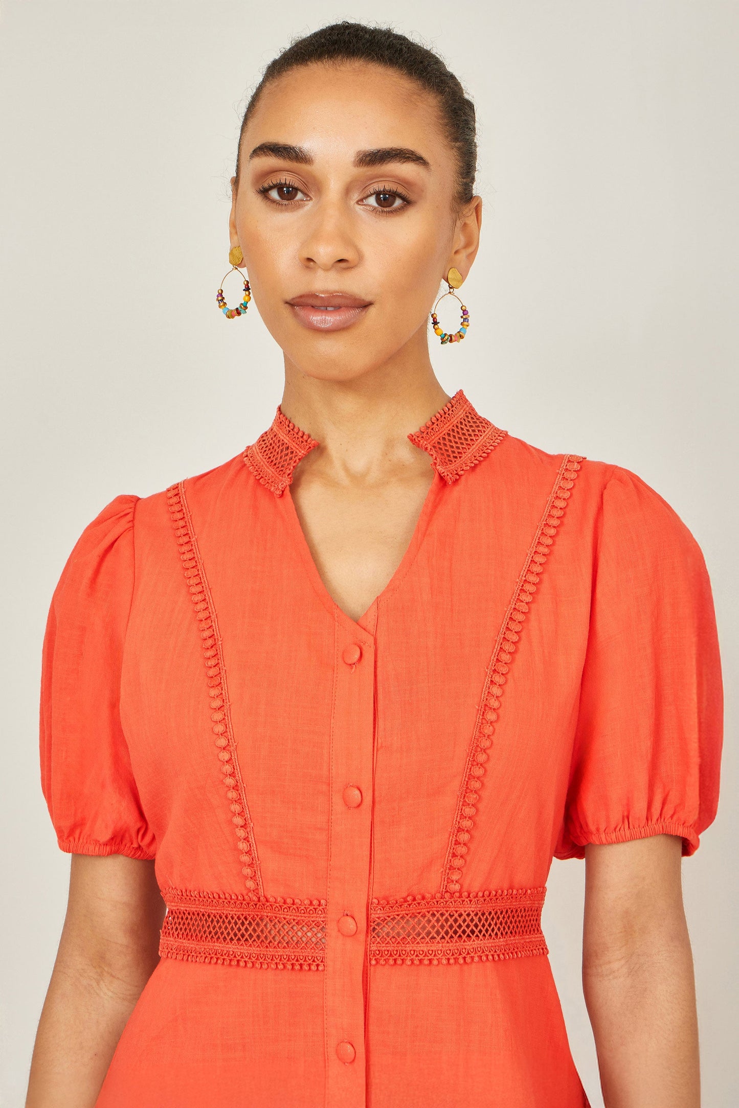 Orange Cotton Lace Trim Skater Shirt Dress