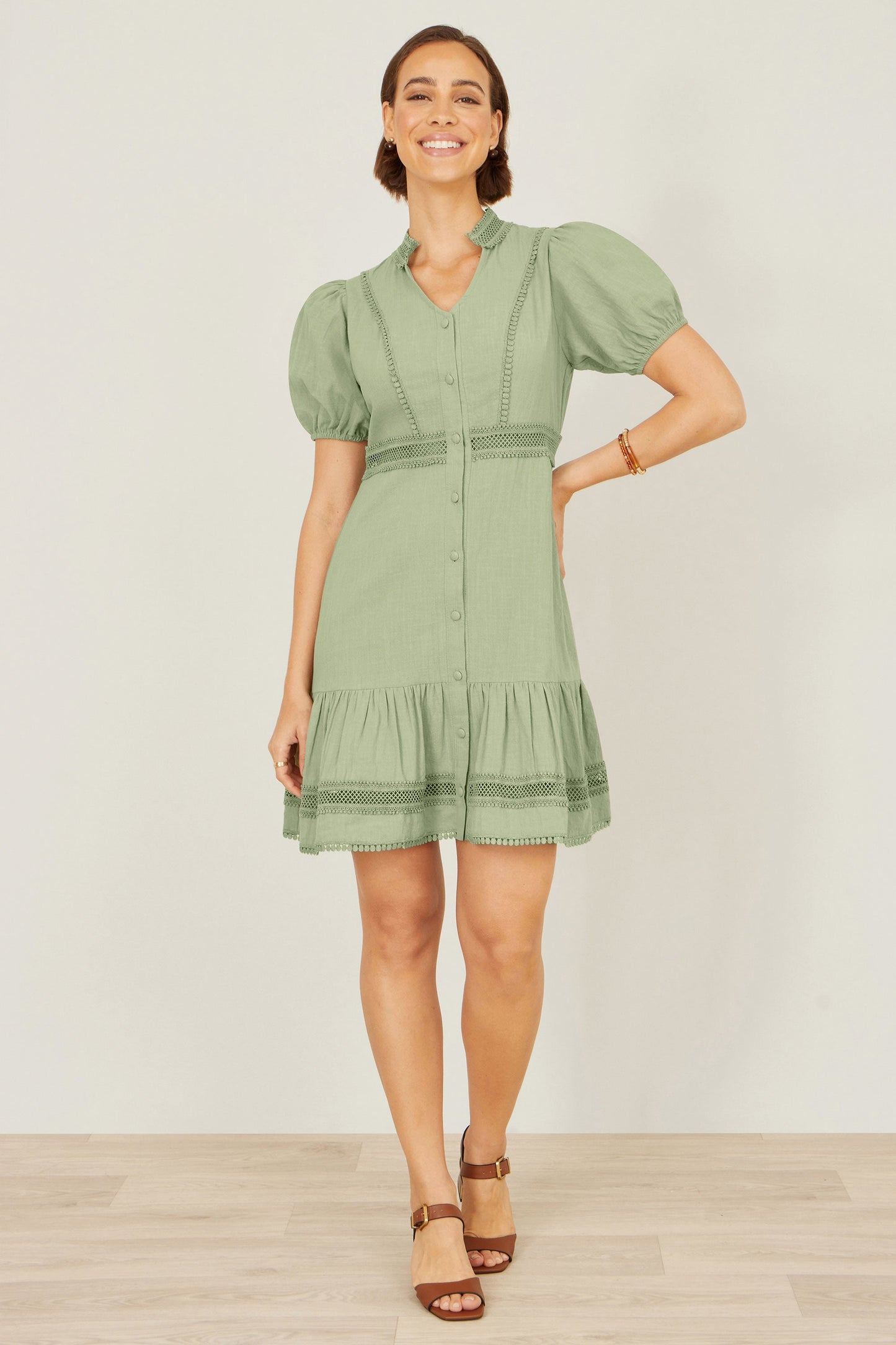 Green Cotton Lace Trim Skater Shirt Dress