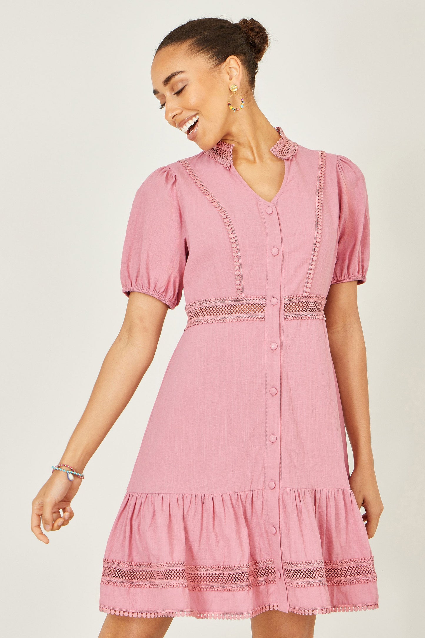 Pink Cotton Lace Trim Skater Shirt Dress