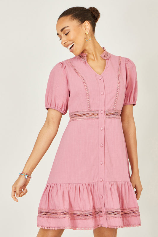 Pink Cotton Lace Trim Skater Shirt Dress