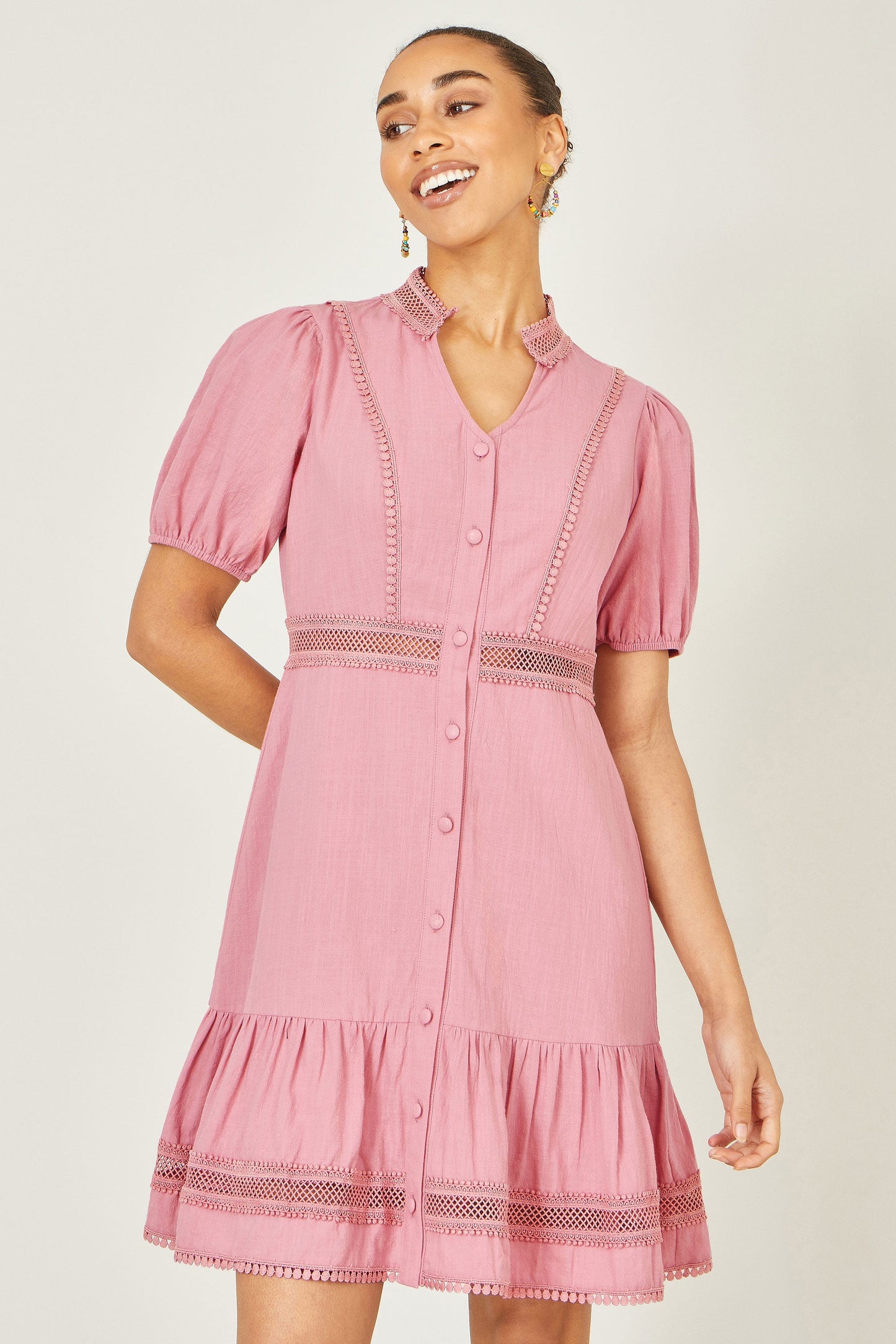 Pink Cotton Lace Trim Skater Shirt Dress