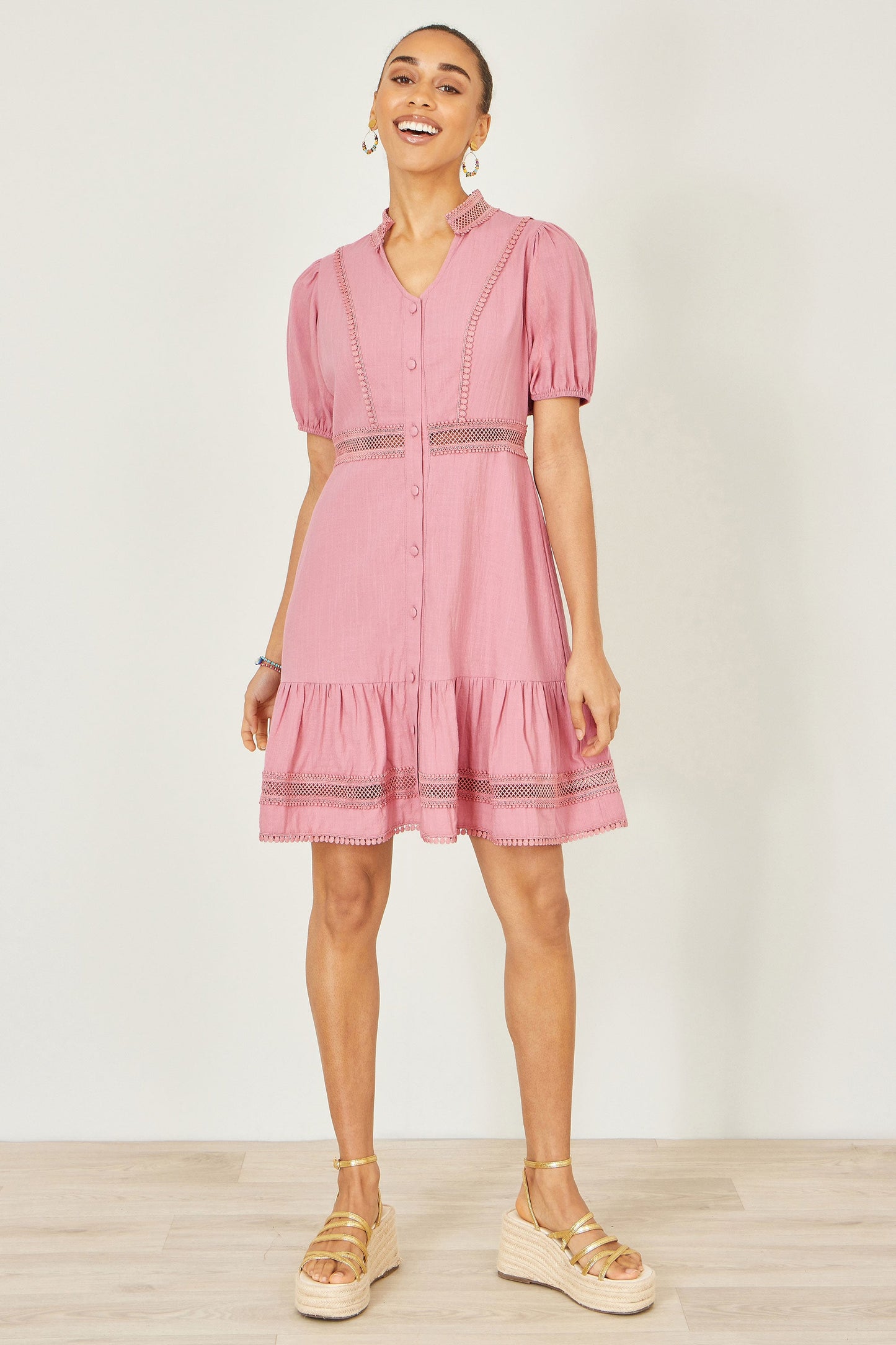 Pink Cotton Lace Trim Skater Shirt Dress