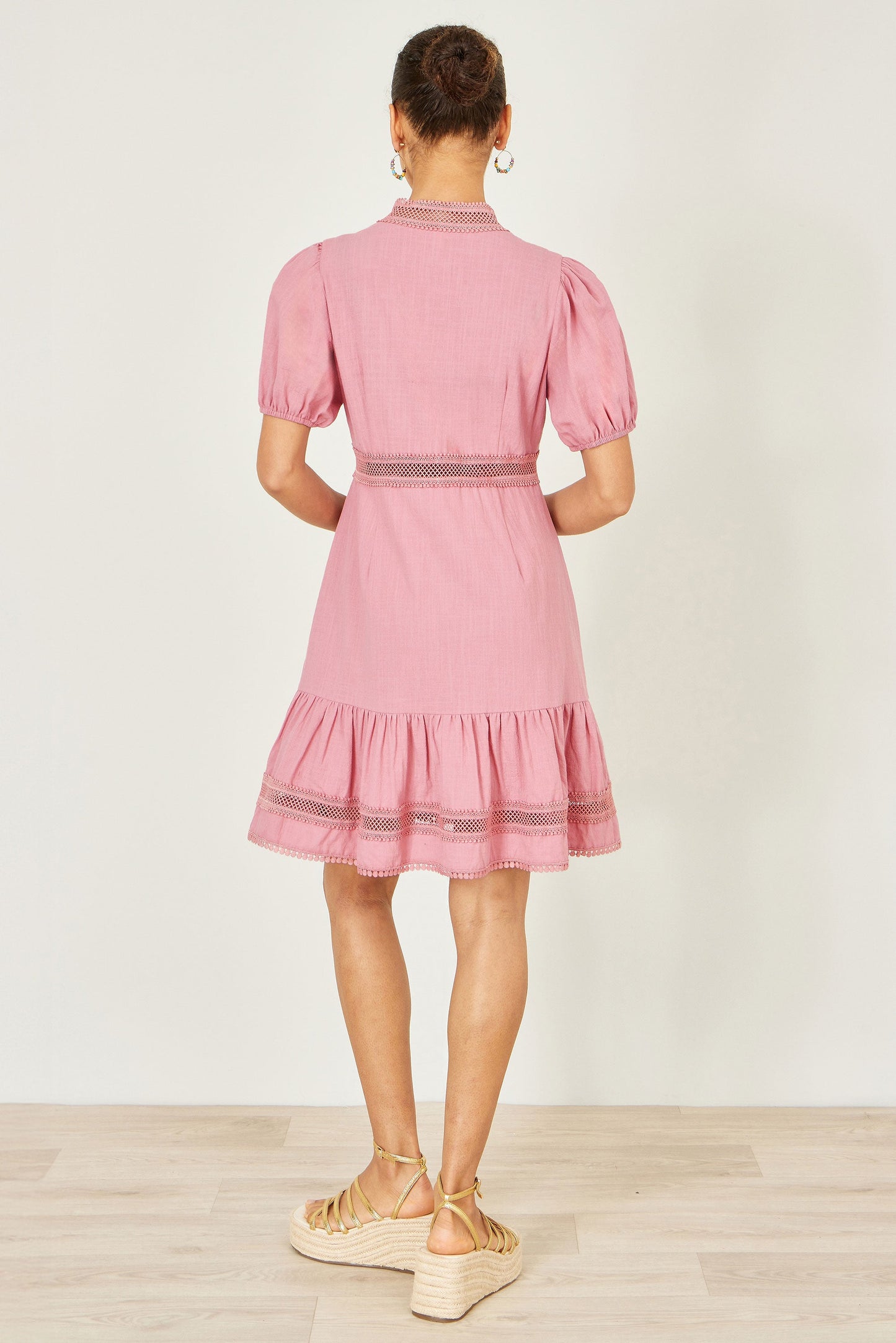 Pink Cotton Lace Trim Skater Shirt Dress