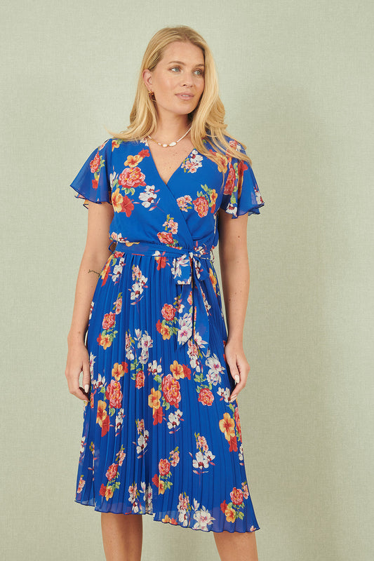 Blue Floral Pleated Wrap Dress