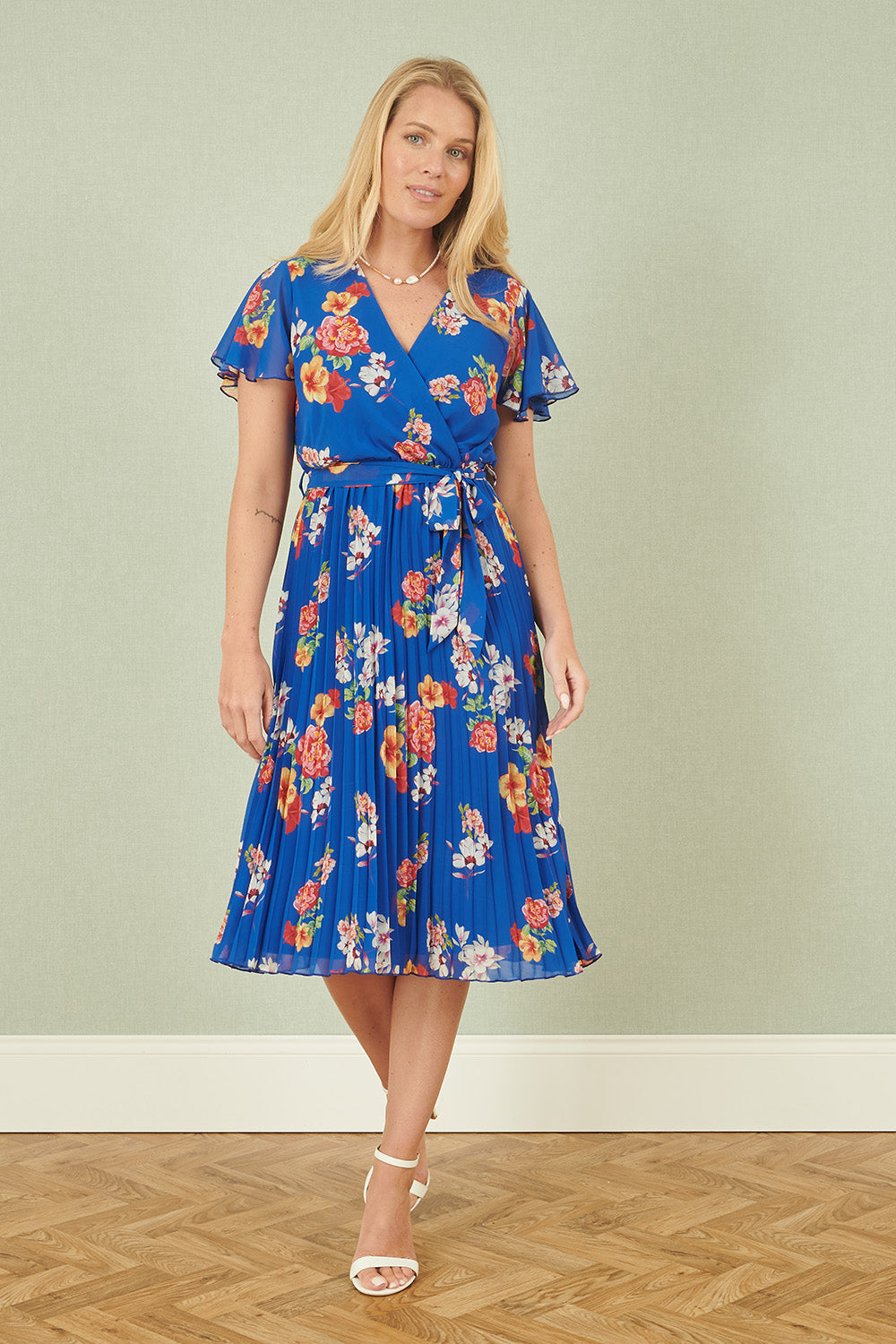 Blue Floral Pleated Wrap Dress