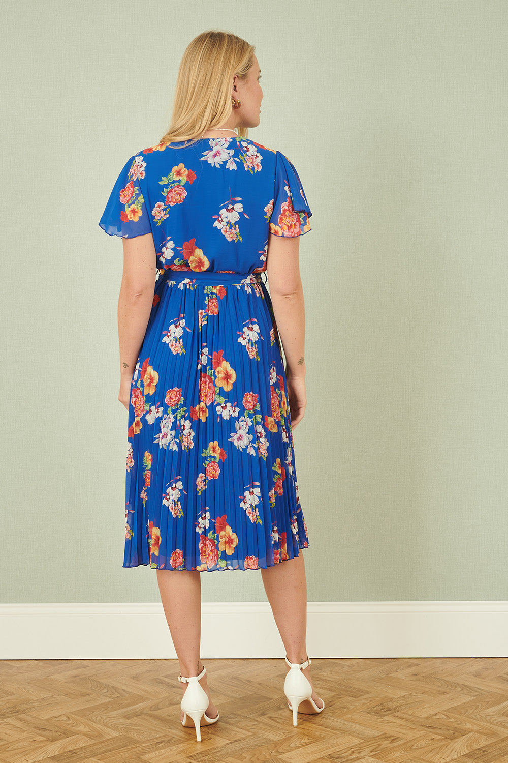 Blue Floral Pleated Wrap Dress