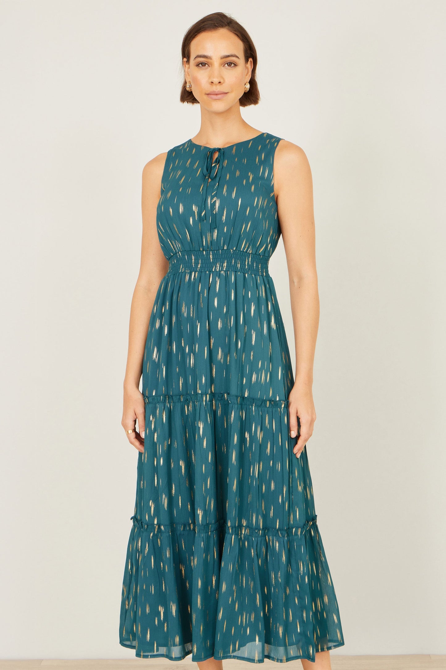 Teal Foil Print Ruched Waist Midi Dress With Tie Notch Neckline