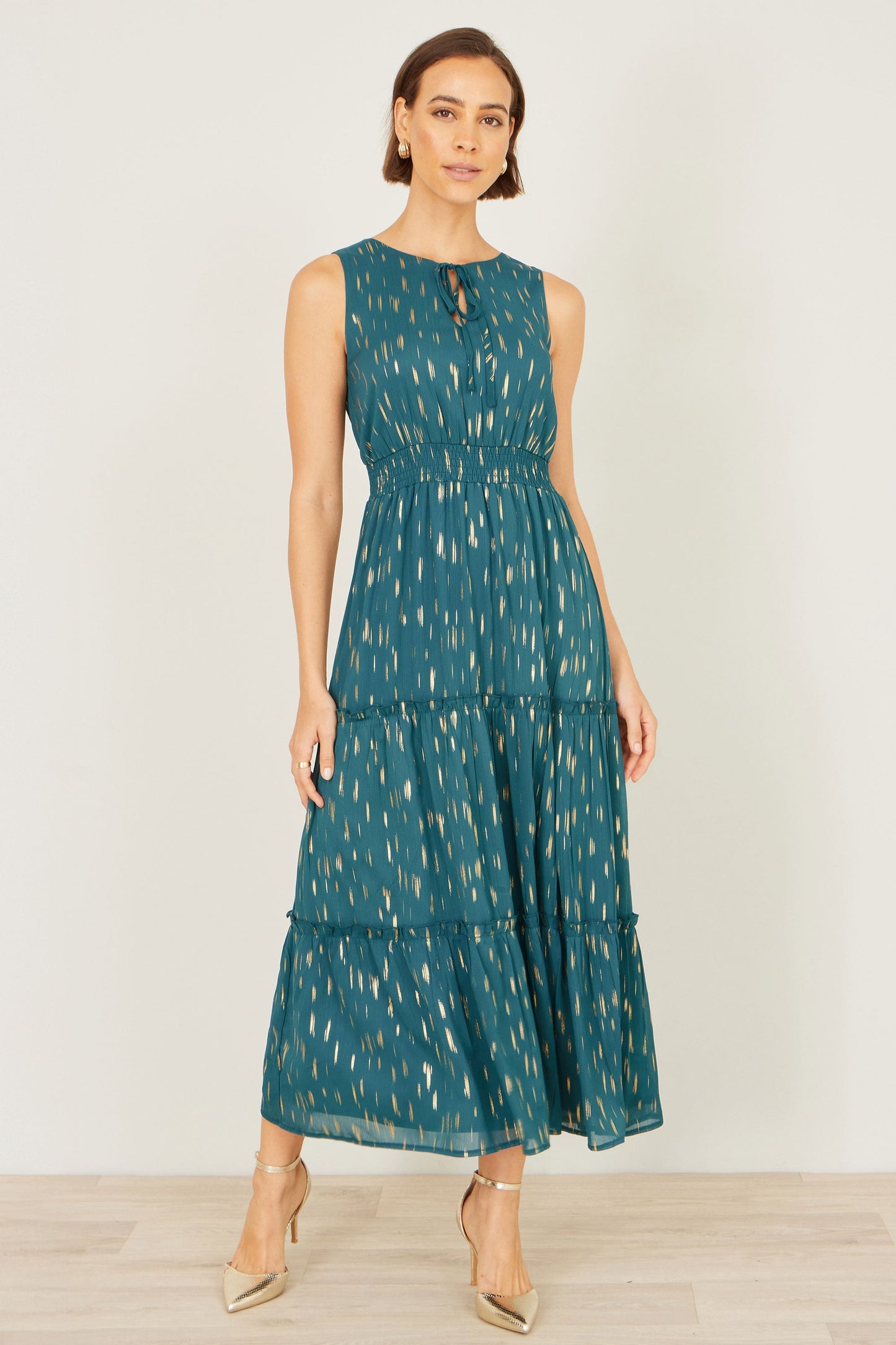 Teal Foil Print Ruched Waist Midi Dress With Tie Notch Neckline