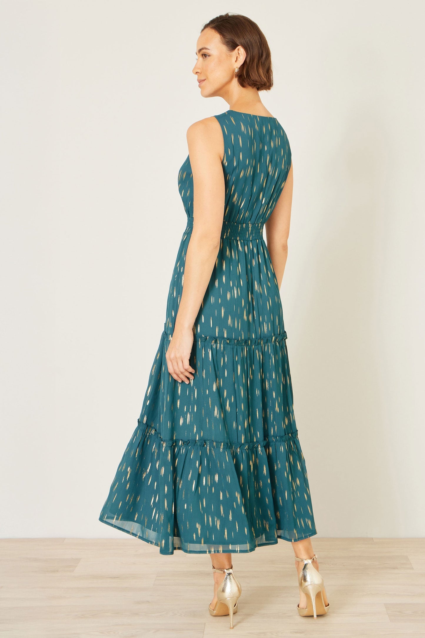 Teal Foil Print Ruched Waist Midi Dress With Tie Notch Neckline