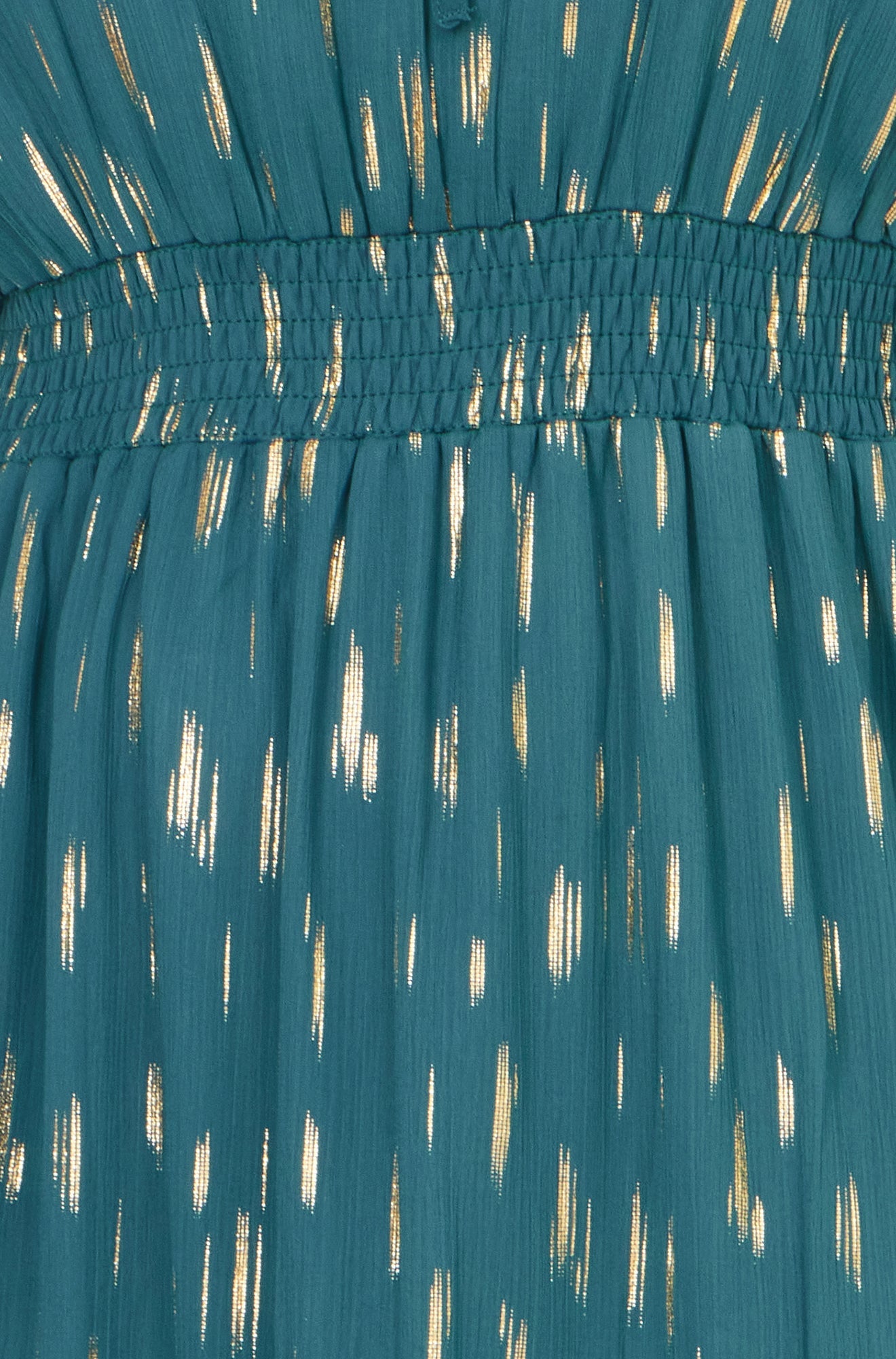 Teal Foil Print Ruched Waist Midi Dress With Tie Notch Neckline