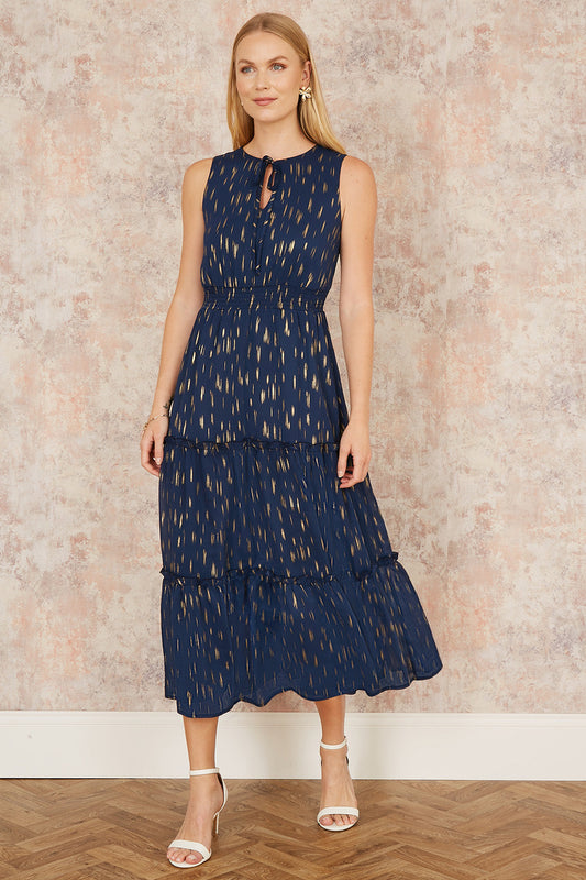 Navy Foil Print Ruched Waist Midi Dress With Tie Notch Neckline