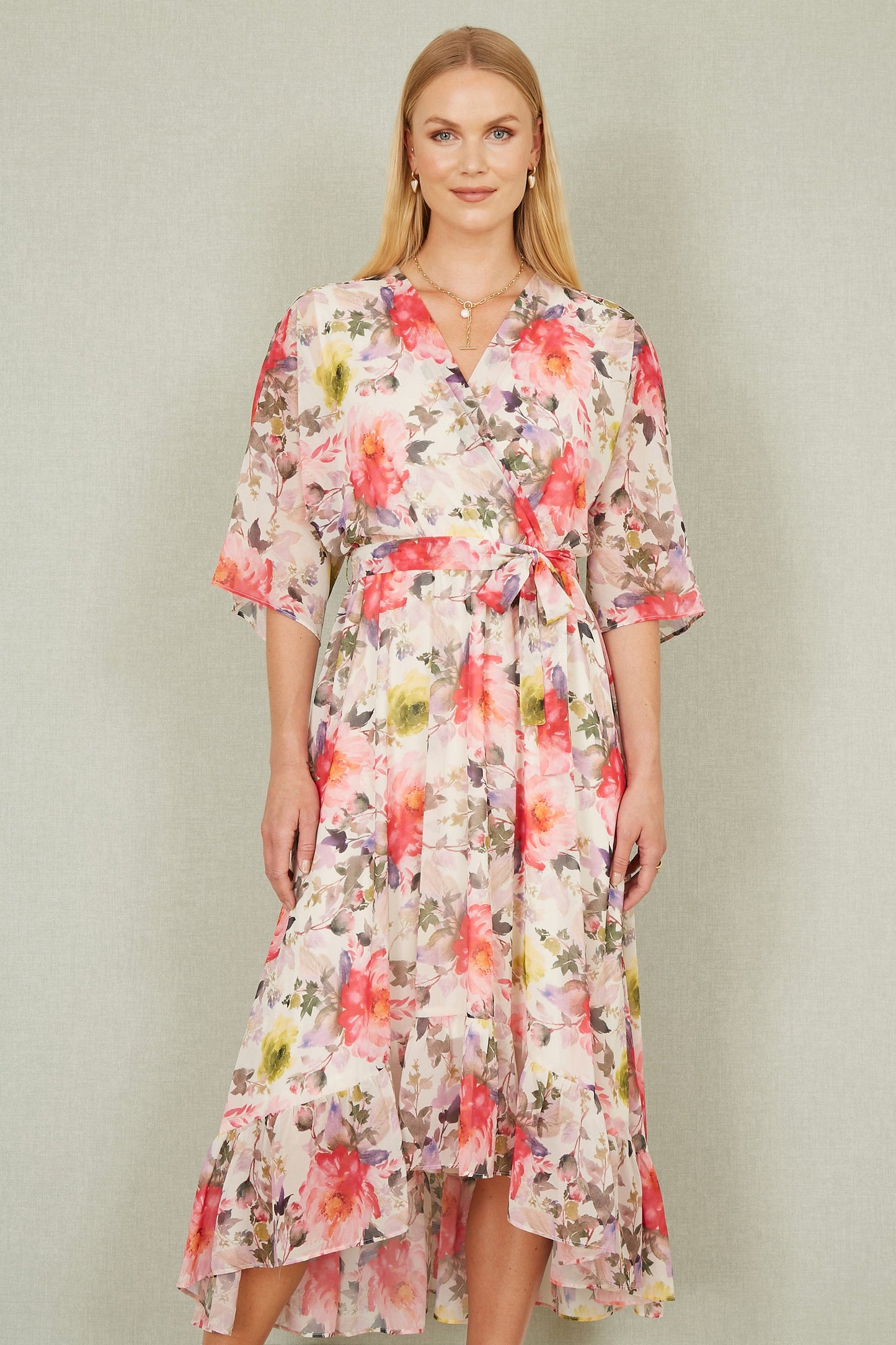 Ivory Vintage Floral Wrap Midi Dress With Frill