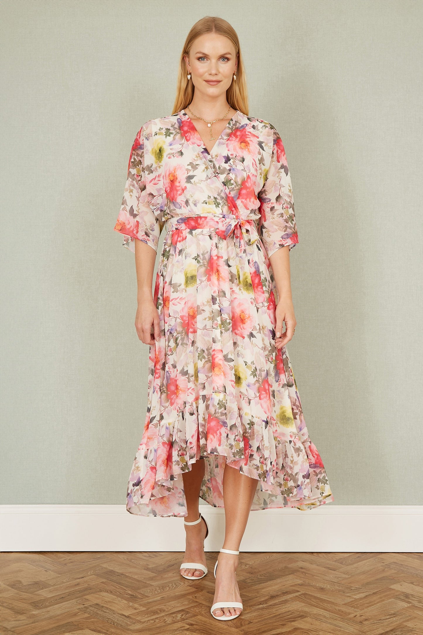Ivory Vintage Floral Wrap Midi Dress With Frill