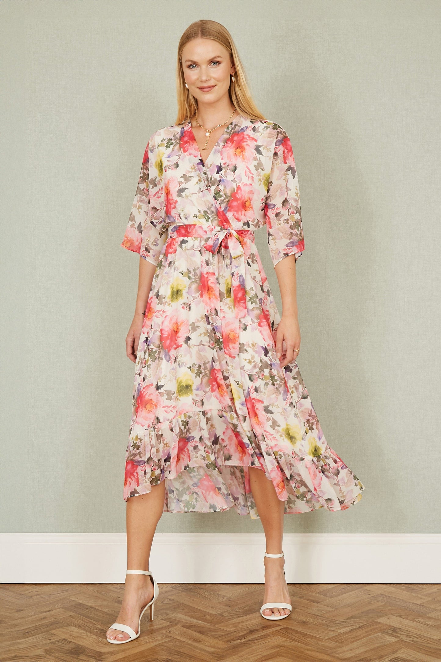Ivory Vintage Floral Wrap Midi Dress With Frill