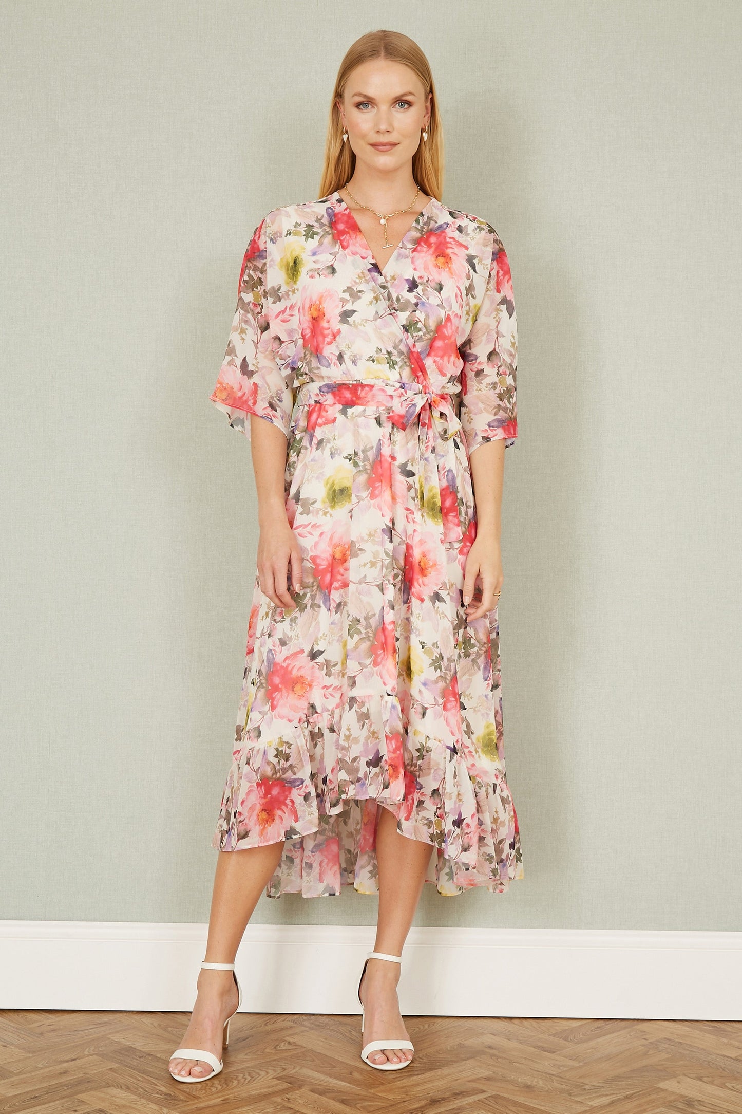 Ivory Vintage Floral Wrap Midi Dress With Frill