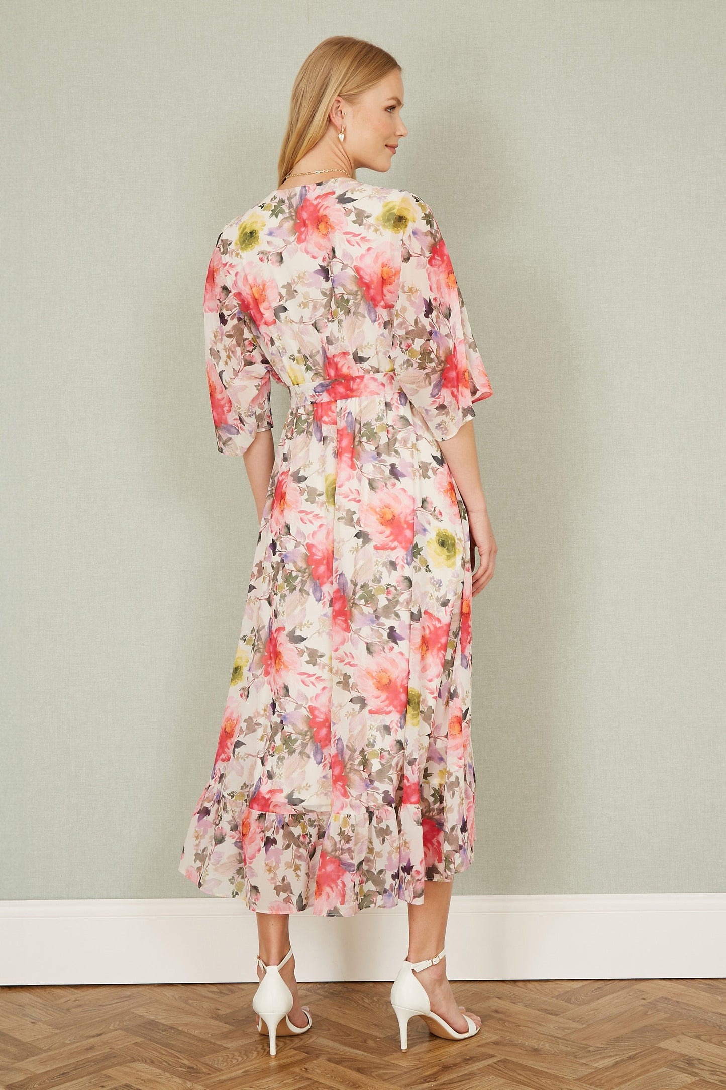 Ivory Vintage Floral Wrap Midi Dress With Frill