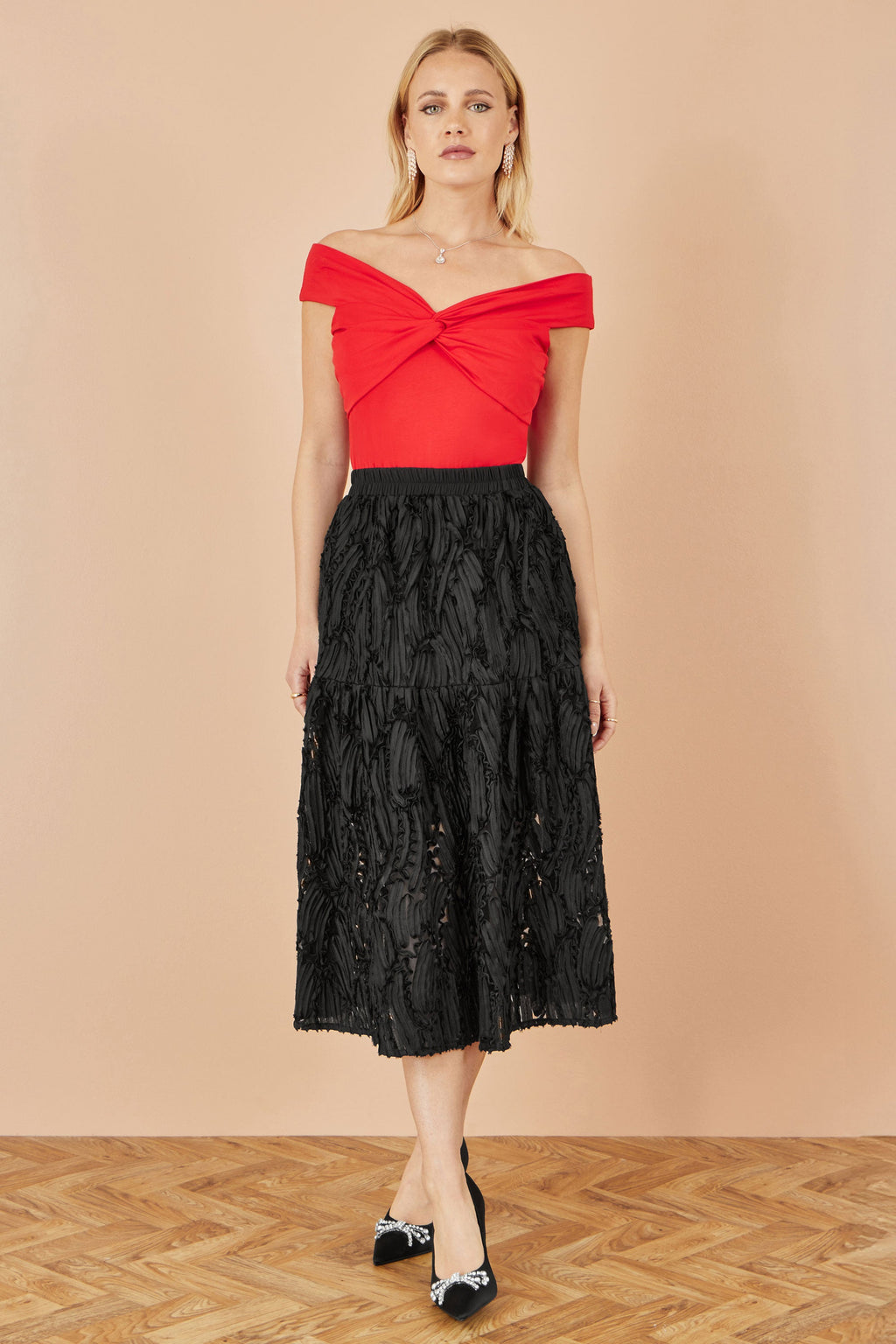 Red Jersey Cotton Bardot Top With Knot Detail - Sizes 8 to 16