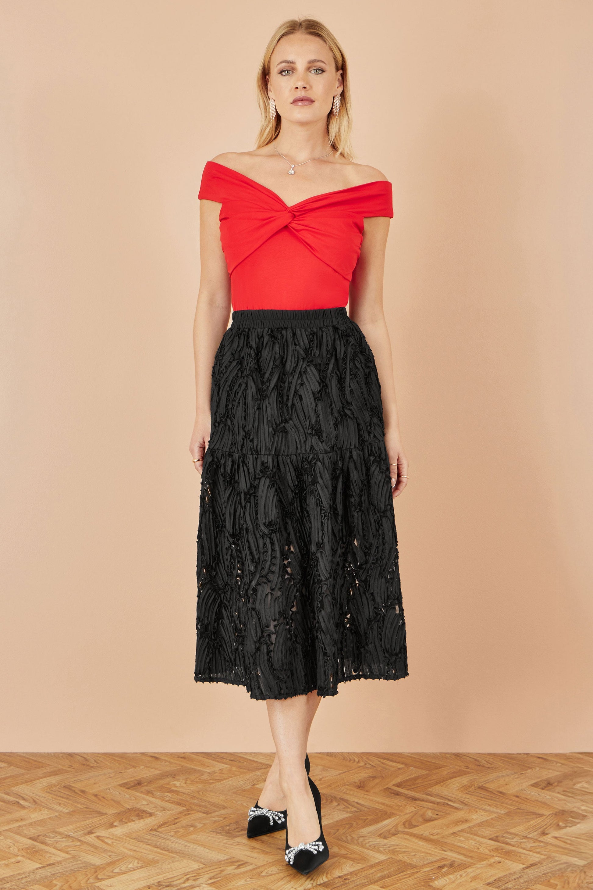 Red Jersey Cotton Bardot Top With Knot Detail - Sizes 8 to 16