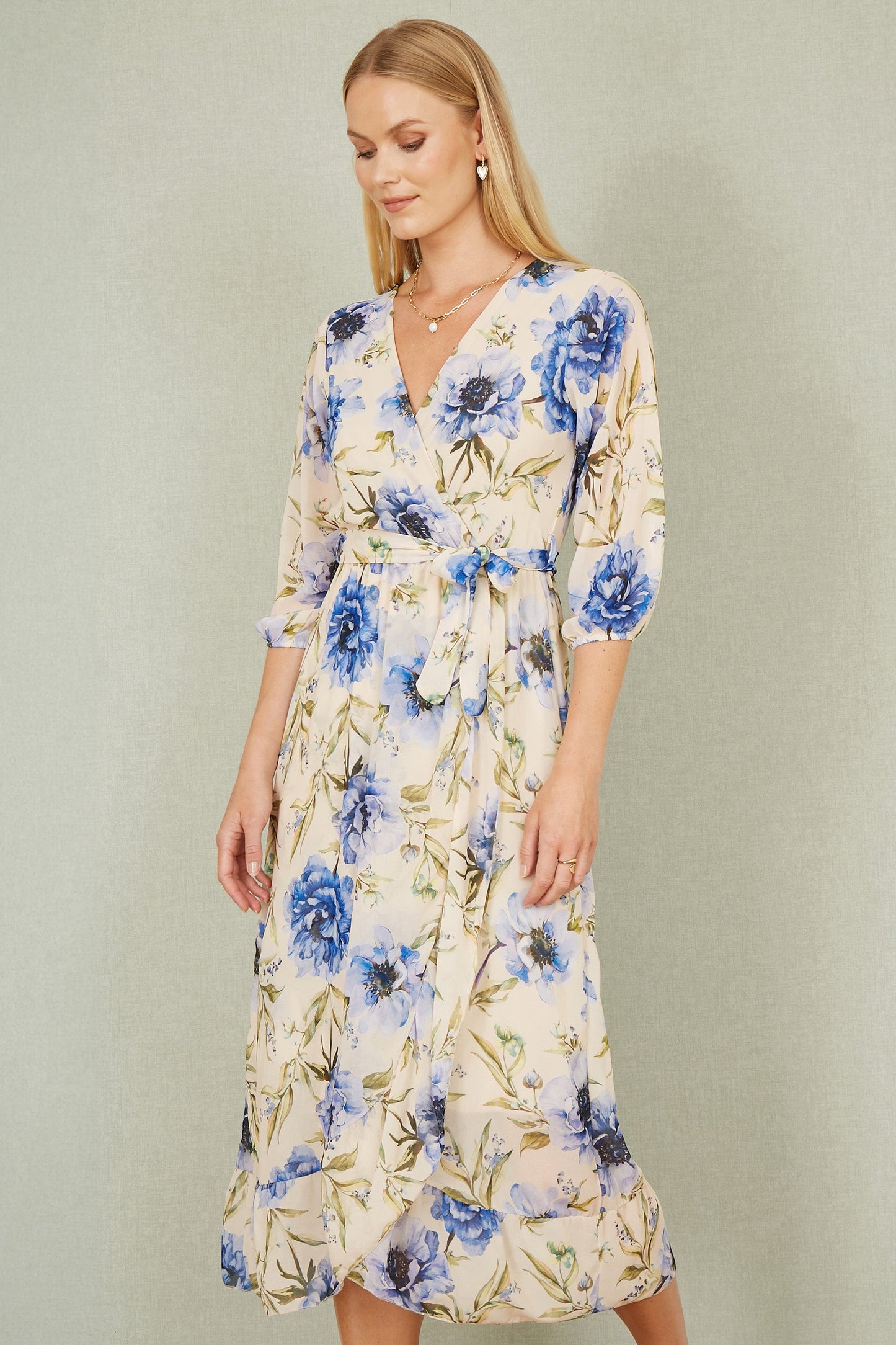 Cream Vintage Floral Wrap Midi Dress With Frill