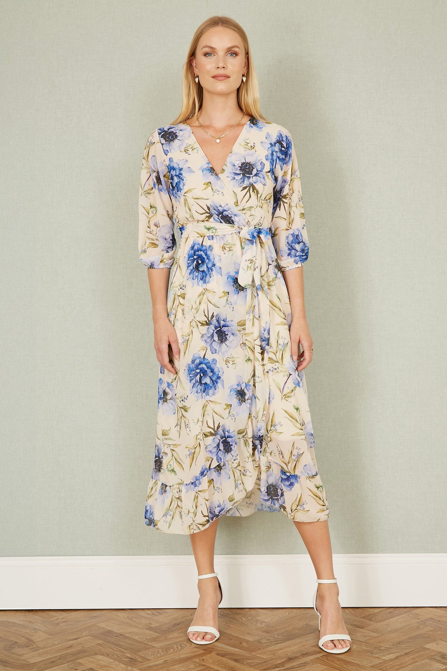 Cream Vintage Floral Wrap Midi Dress With Frill