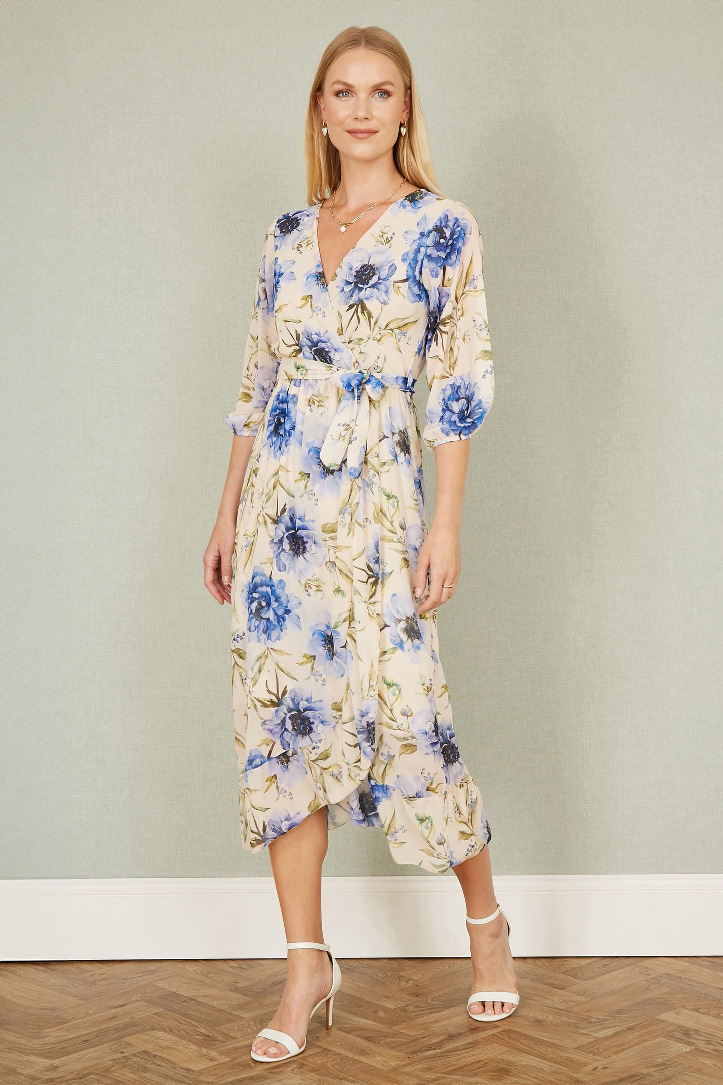 Cream Vintage Floral Wrap Midi Dress With Frill