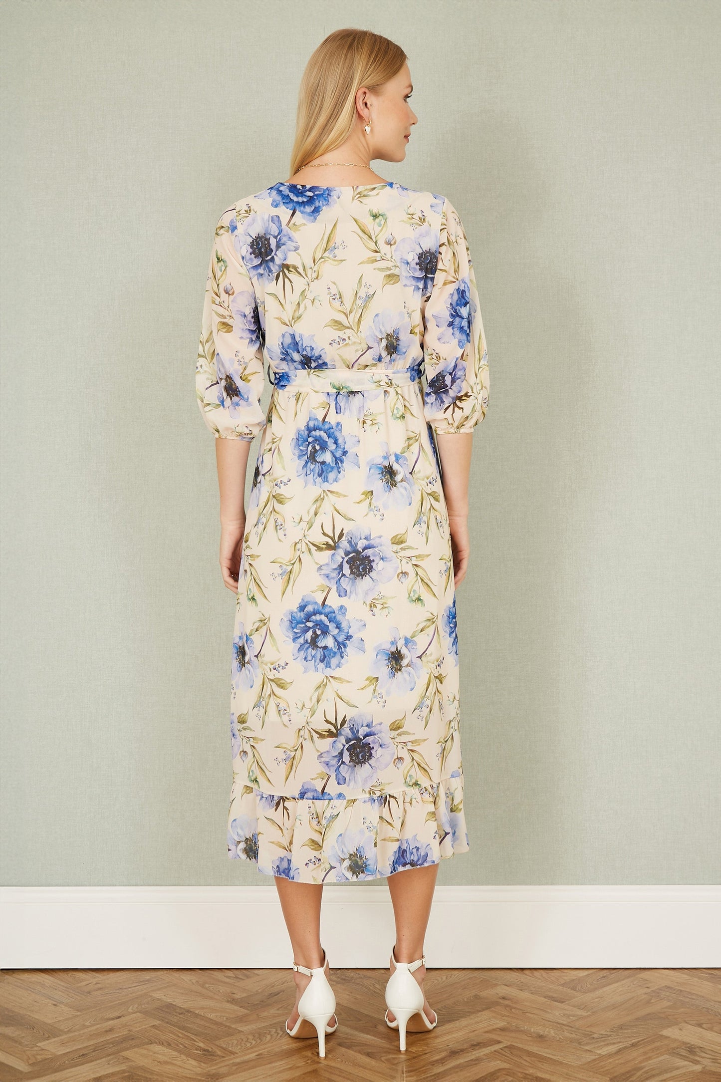 Cream Vintage Floral Wrap Midi Dress With Frill