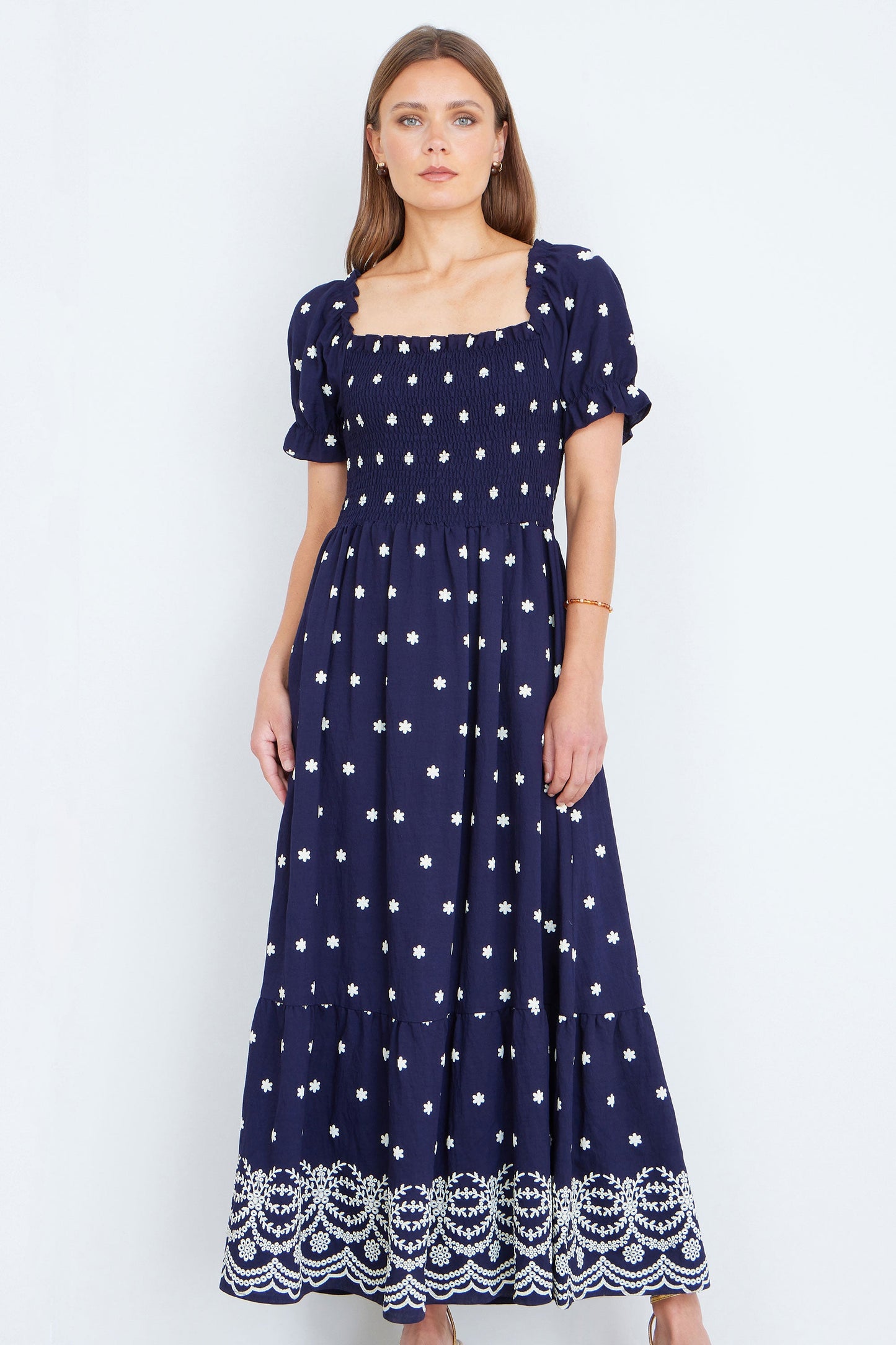 Navy Border Hemline Smocked Maxi Dress