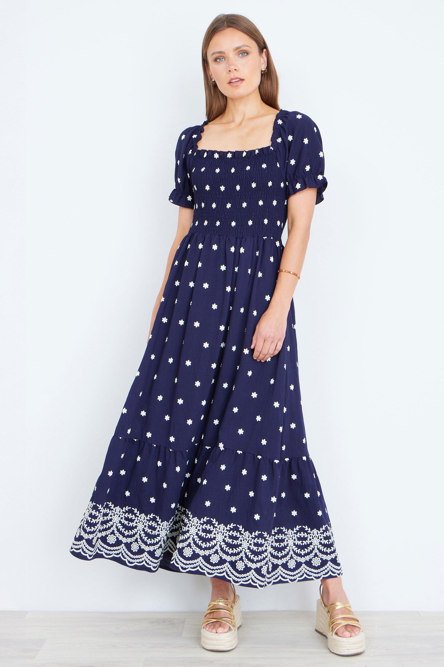 Navy Border Hemline Smocked Maxi Dress