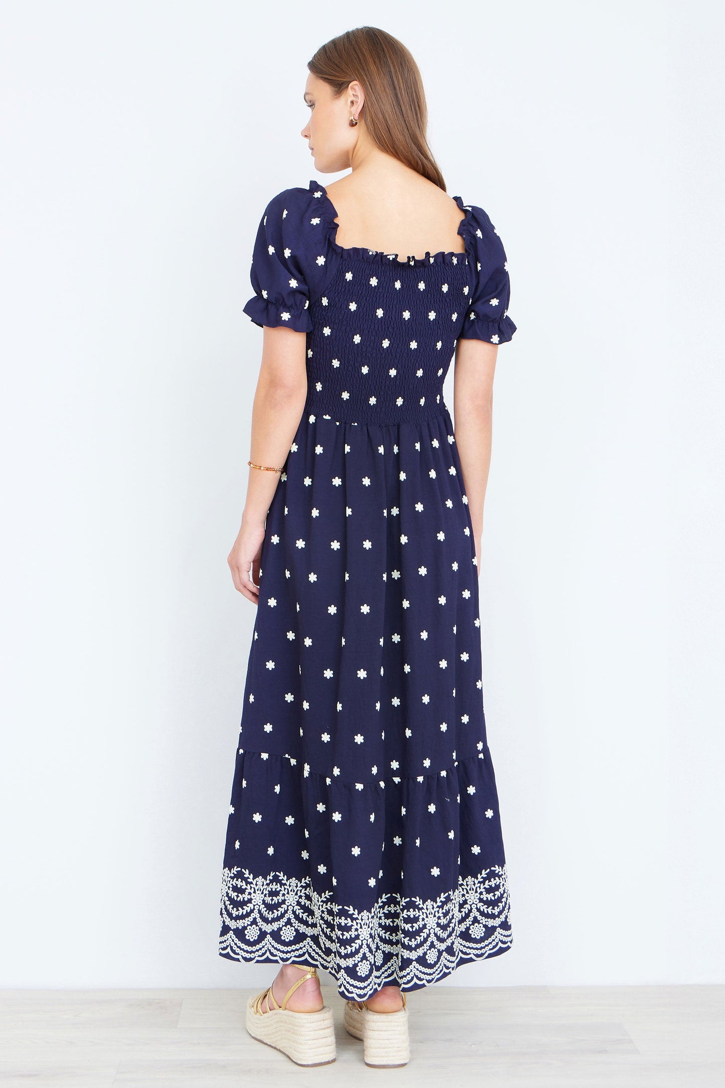 Navy Border Hemline Smocked Maxi Dress