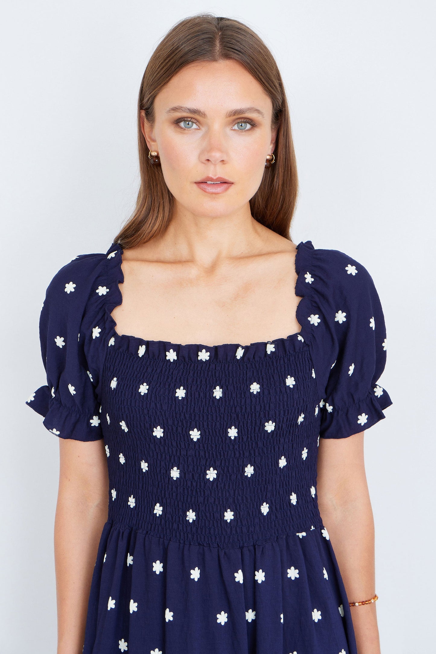 Navy Border Hemline Smocked Maxi Dress
