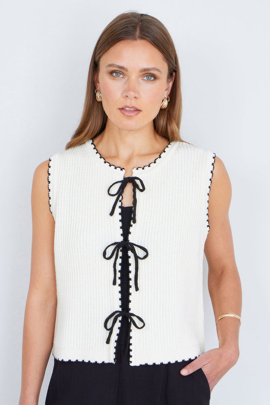 Ivory Knitted Waistcoat With Bow Trims