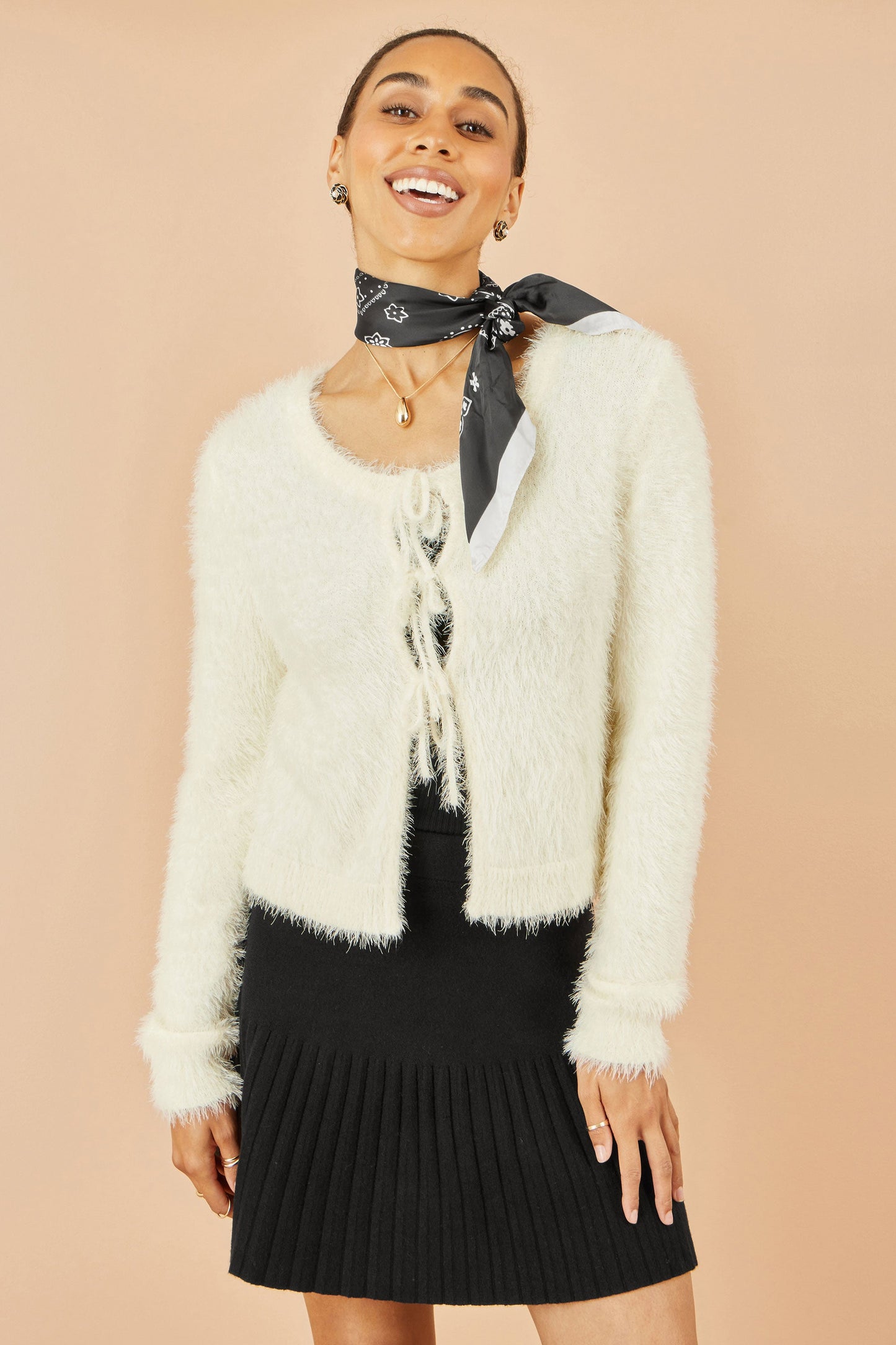 Ivory Eyelash Fluffy Knit Bolero With Tie Front