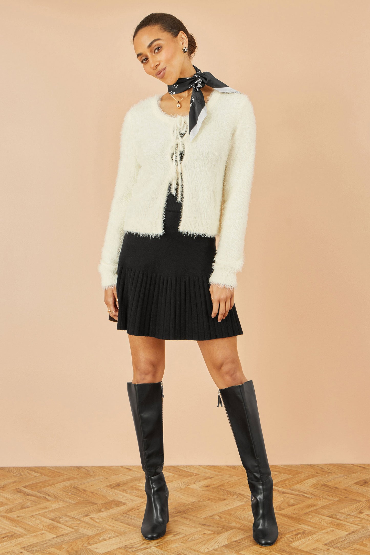 Ivory Eyelash Fluffy Knit Bolero With Tie Front