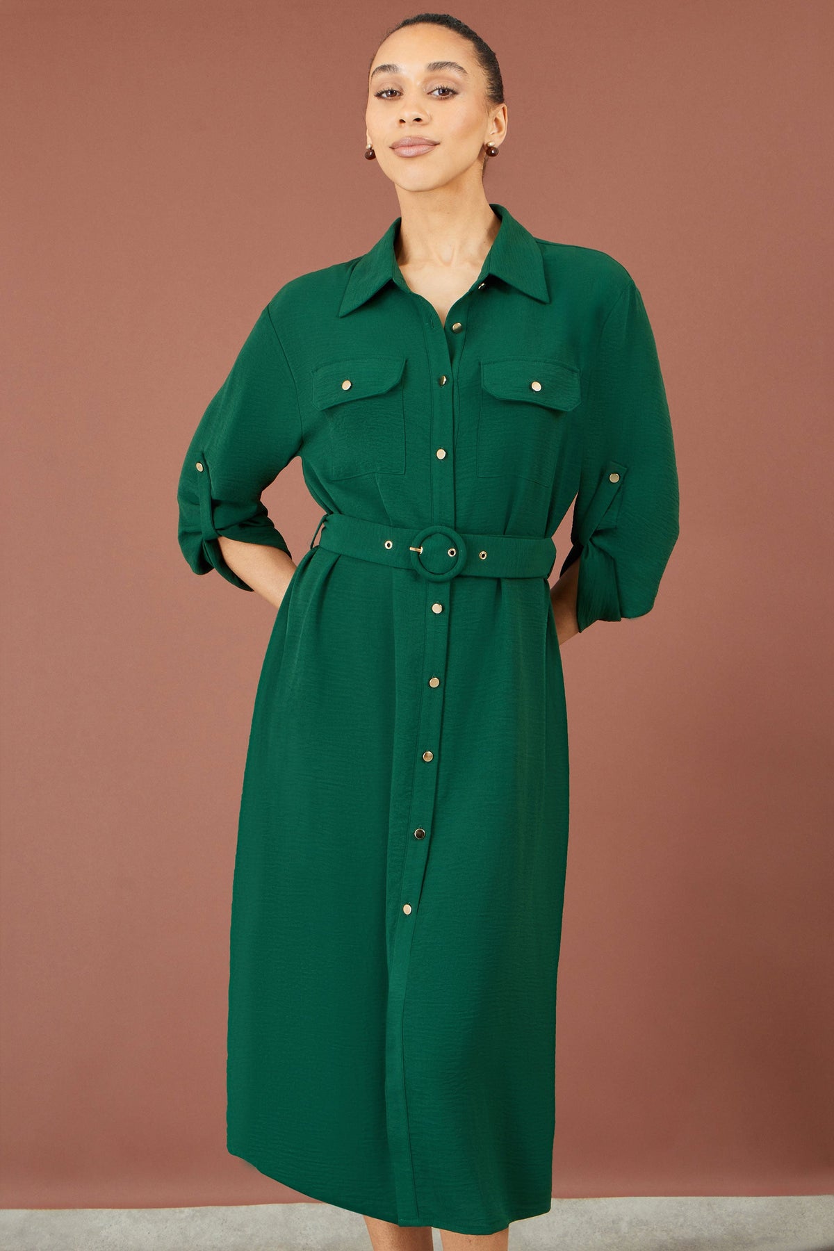 Green Belted Shirt Dress