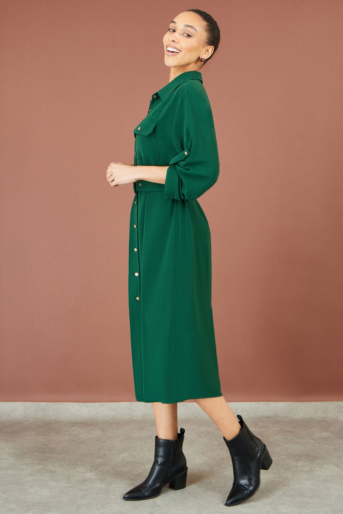 Green Belted Shirt Dress