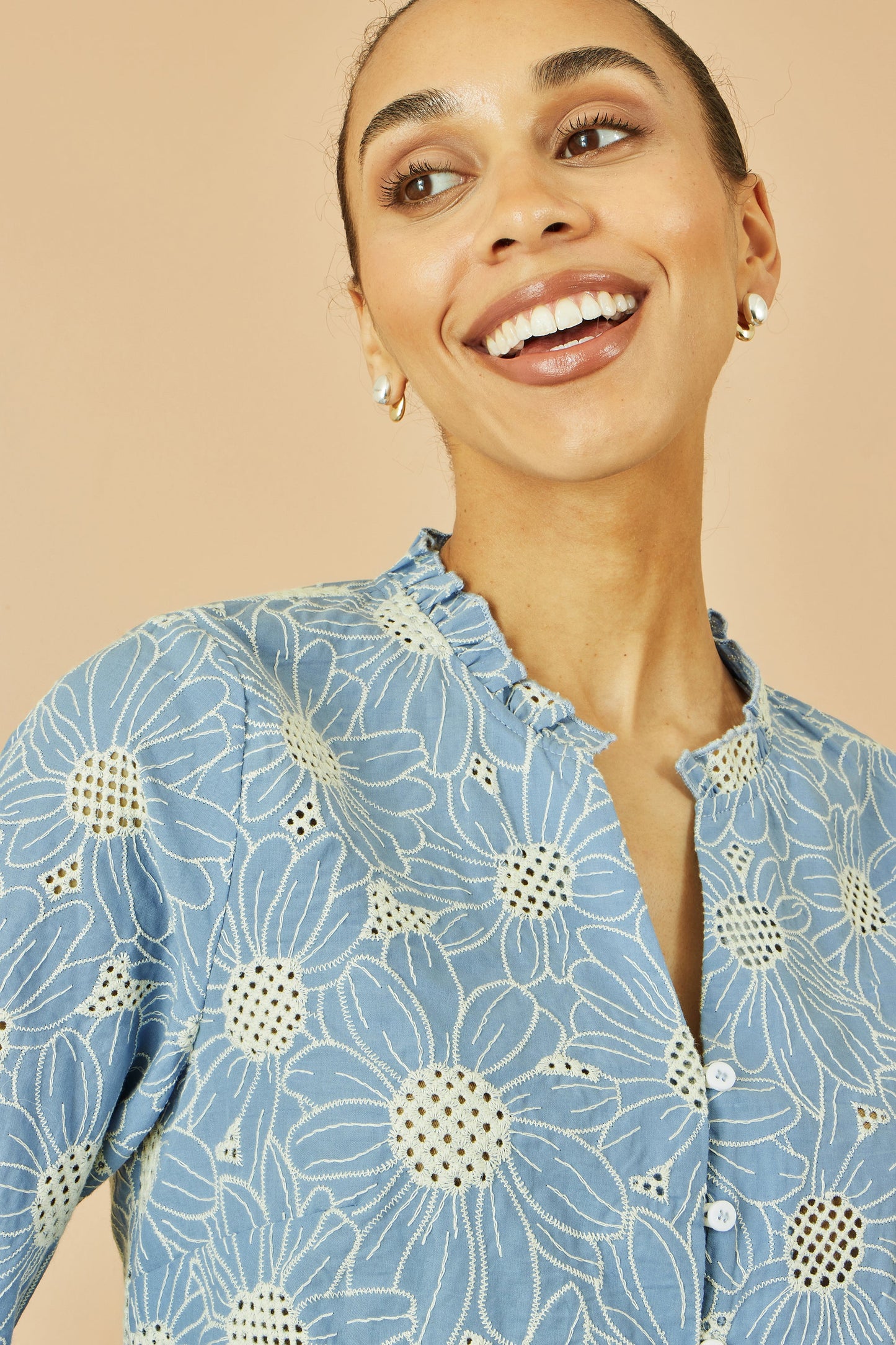 Blue Daisy Broderie Shirt With Fluted Sleeves